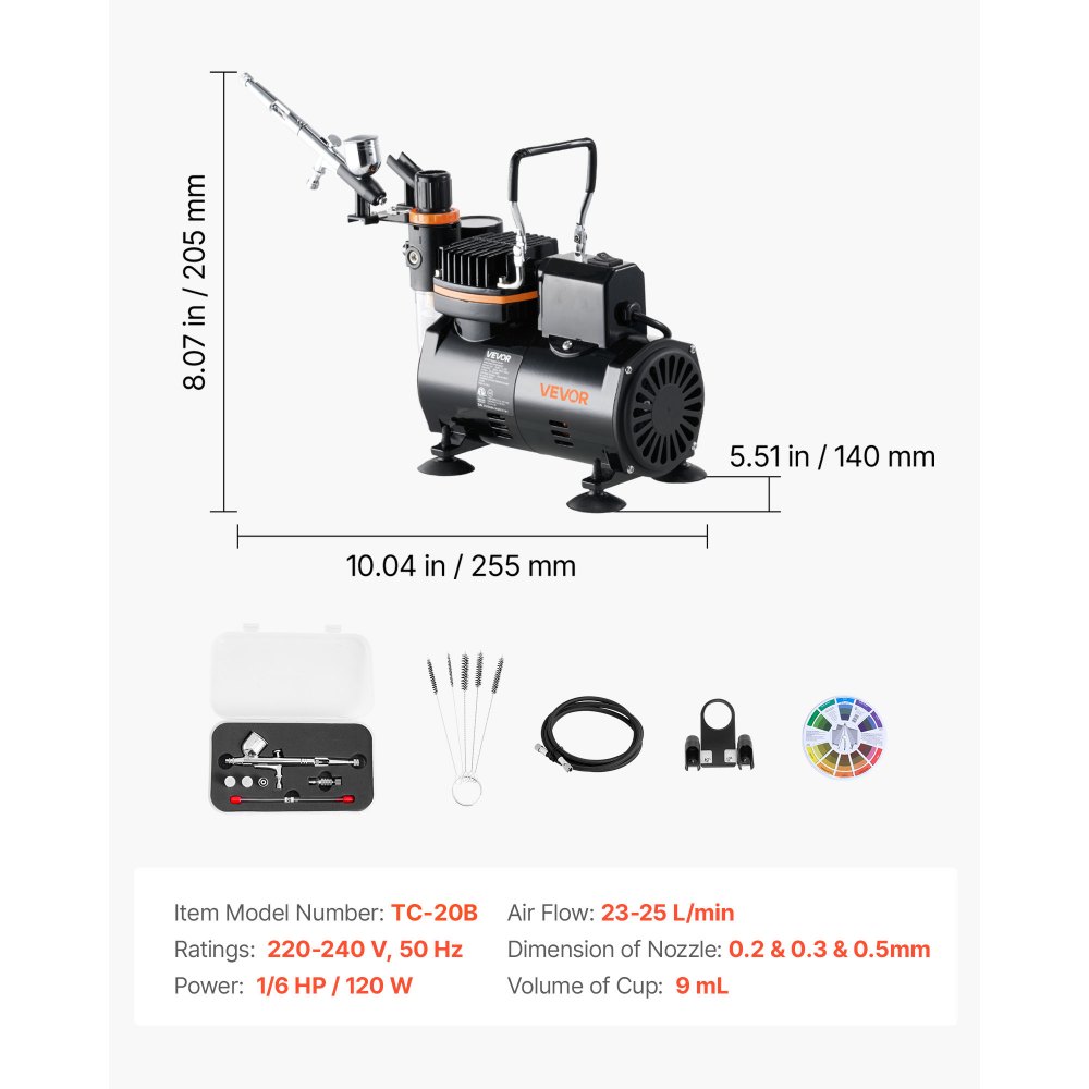 VEVOR Set Aerografo 1/6 HP con Compressore d'Aria, 1 Spruzzatore Aerografo a Doppia Azione con 3 Ugelli (0,2/0,3/0,5 mm) Set di Pulizia, per Decorazione di Torte, Pittura di Modelli