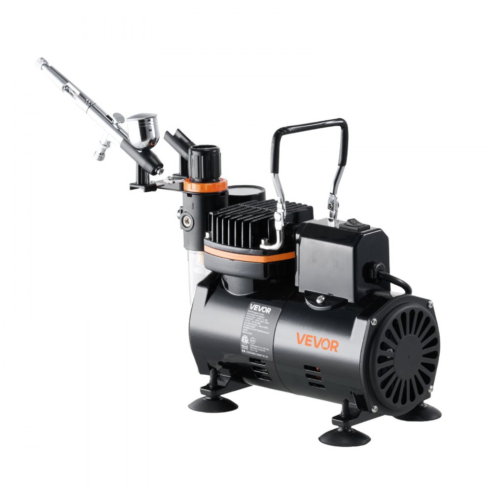 VEVOR Set Aerografo 1/6 HP con Compressore d'Aria, 1 Spruzzatore Aerografo a Doppia Azione con 3 Ugelli (0,2/0,3/0,5 mm) Set di Pulizia, per Decorazione di Torte, Pittura di Modelli