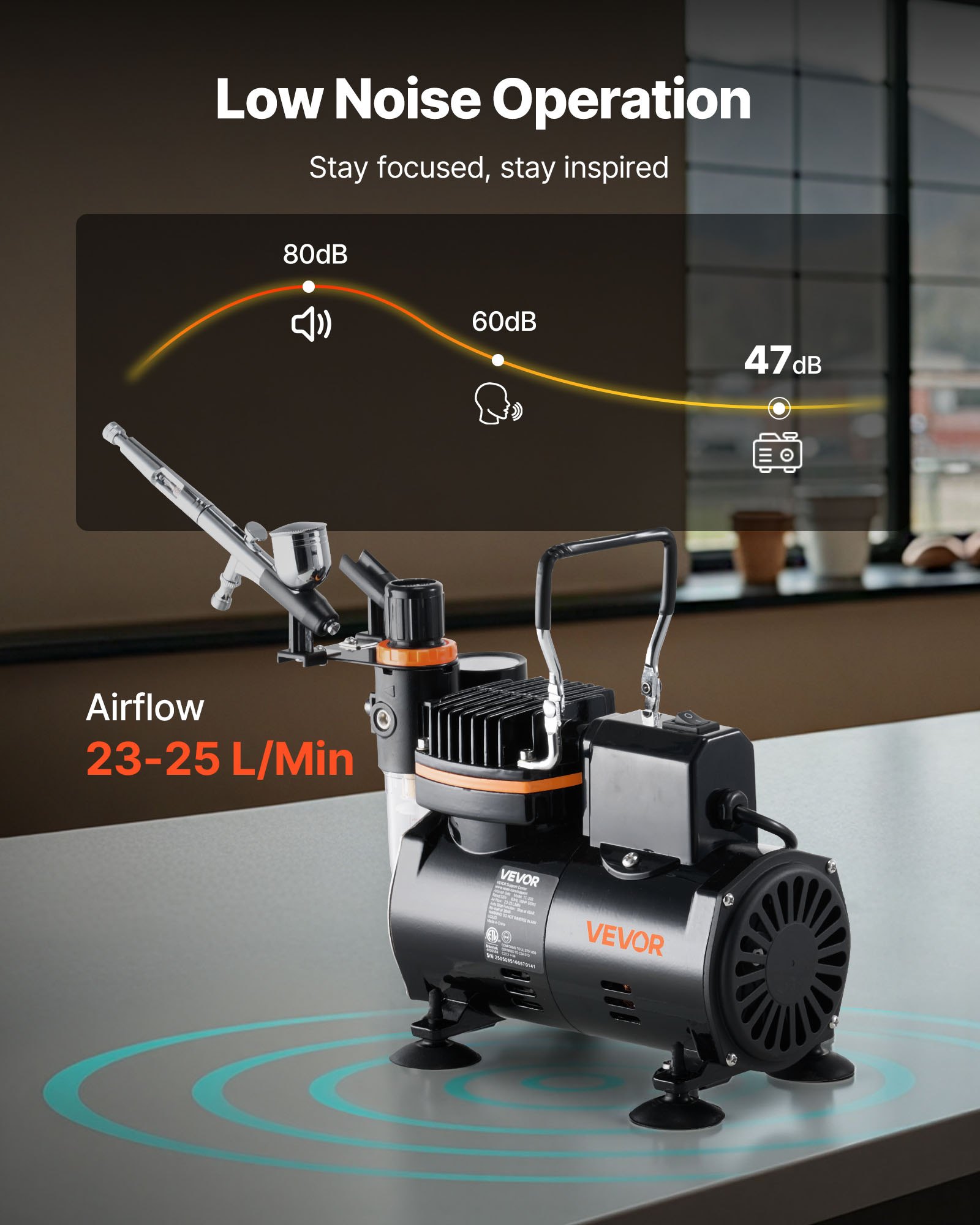 VEVOR Set Aerografo 1/6 HP con Compressore d'Aria, 1 Spruzzatore Aerografo a Doppia Azione con 3 Ugelli (0,2/0,3/0,5 mm) Set di Pulizia, per Decorazione di Torte, Pittura di Modelli