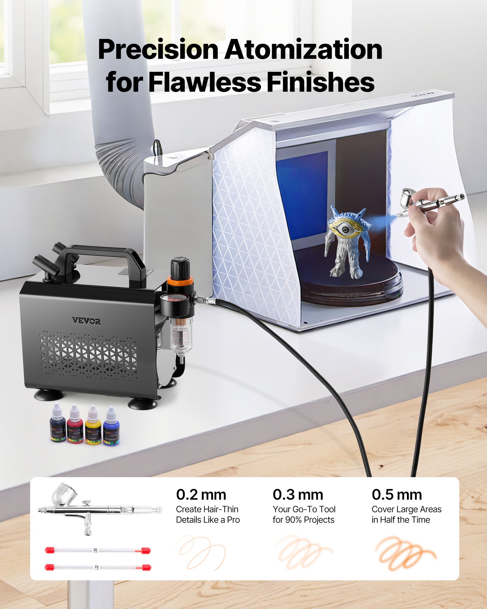 VEVOR Set Aerografo 1/6 HP con Compressore d'Aria, 1 Spruzzatore Aerografo a Doppia Azione con 3 Ugelli (0,2/0,3/0,5 mm) Flusso d'Aria 23 L/min, per Decorazione di Torte, Pittura di Modelli
