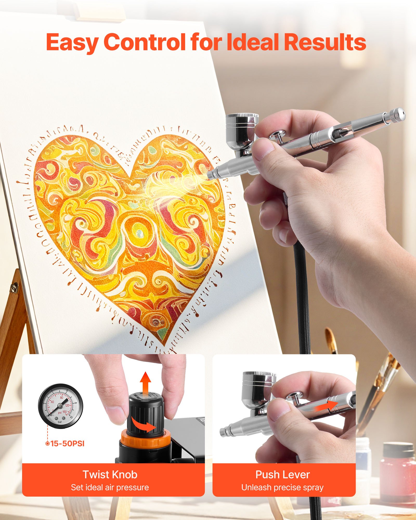 VEVOR Set Aerografo 1/6 HP con Compressore d'Aria, 1 Spruzzatore Aerografo a Doppia Azione con 3 Ugelli (0,2/0,3/0,5 mm) Flusso d'Aria 23 L/min, per Decorazione di Torte, Pittura di Modelli