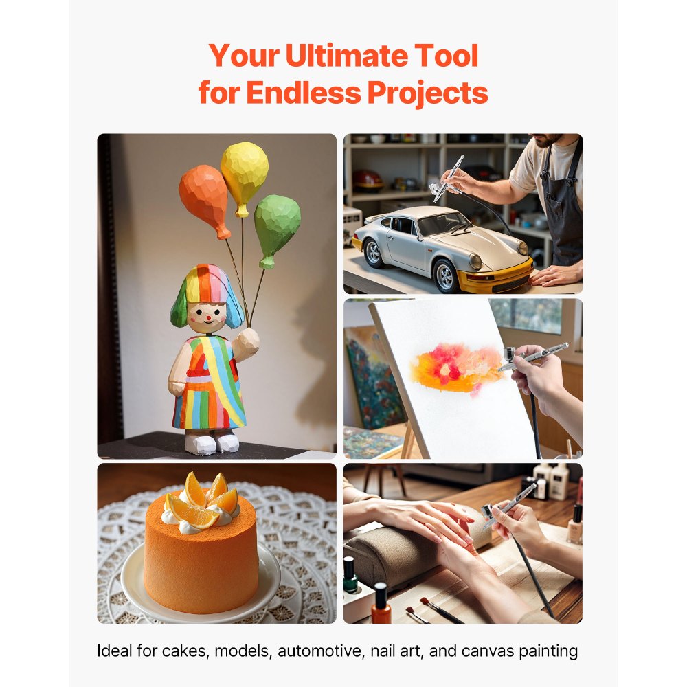 VEVOR Set Aerografo 1/6 HP Compressore d'Aria e Serbatoio, 1 Spruzzatore Aerografo Doppia Azione con 3 Ugelli (0,2/0,3/0,5 mm) Flusso d'Aria 23-25 L/min, Decorazione di Torte, Pittura di Modelli