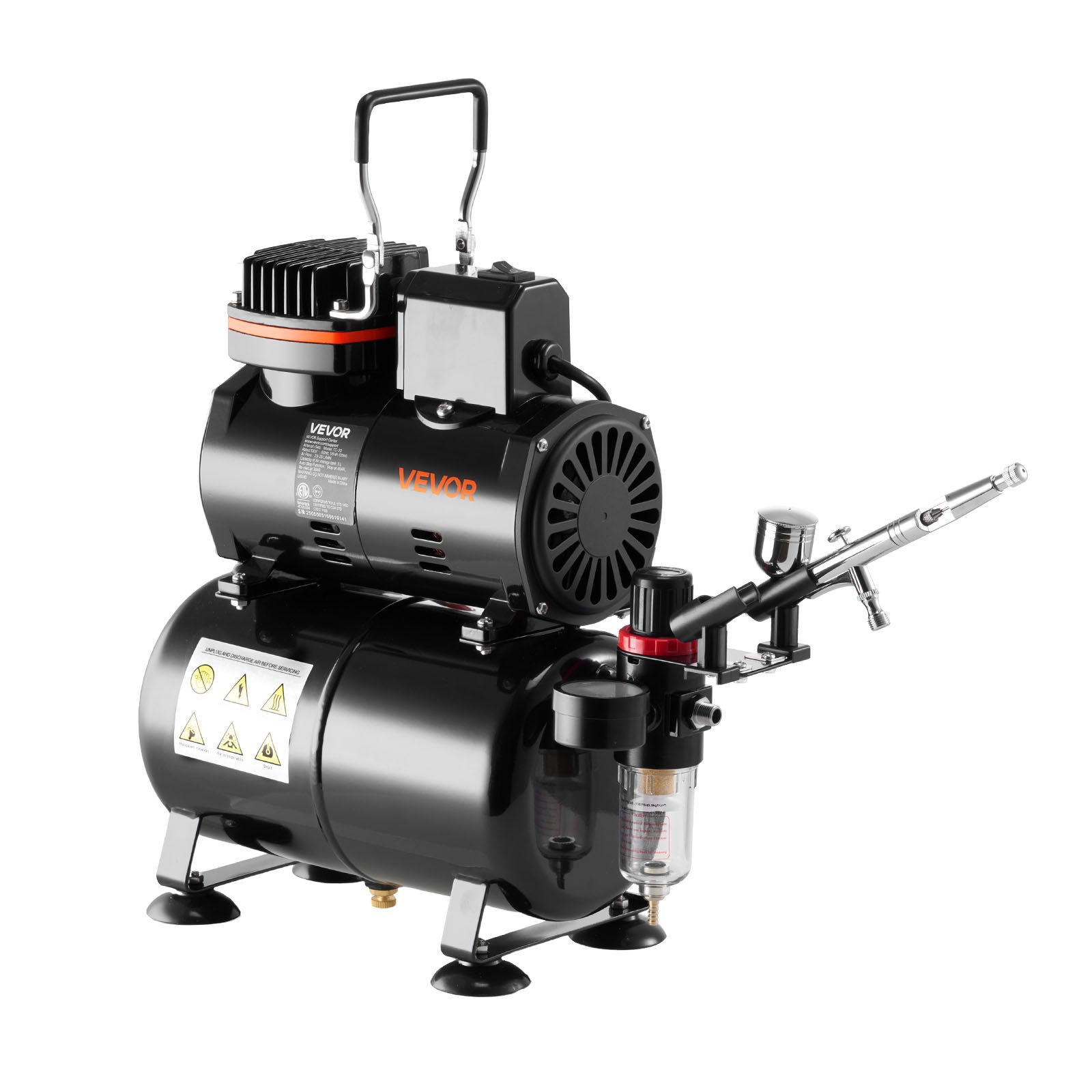 VEVOR Set Aerografo 1/6 HP Compressore d'Aria e Serbatoio, 1 Spruzzatore Aerografo Doppia Azione con 3 Ugelli (0,2/0,3/0,5 mm) Flusso d'Aria 23-25 L/min, Decorazione di Torte, Pittura di Modelli
