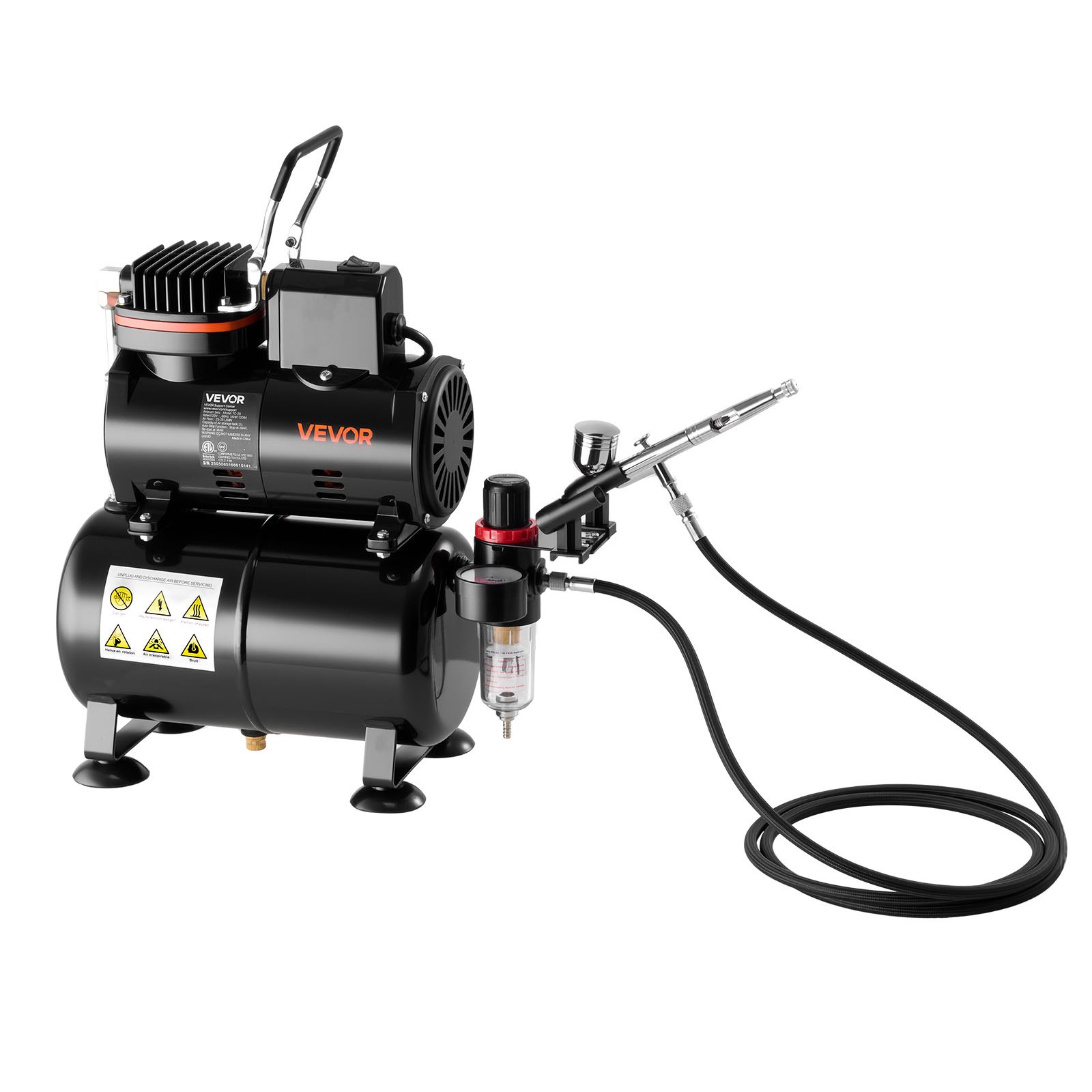 VEVOR Set Aerografo 1/6 HP Compressore d'Aria e Serbatoio, 1 Spruzzatore Aerografo Doppia Azione con 3 Ugelli (0,2/0,3/0,5 mm) Flusso d'Aria 23-25 L/min, Decorazione di Torte, Pittura di Modelli