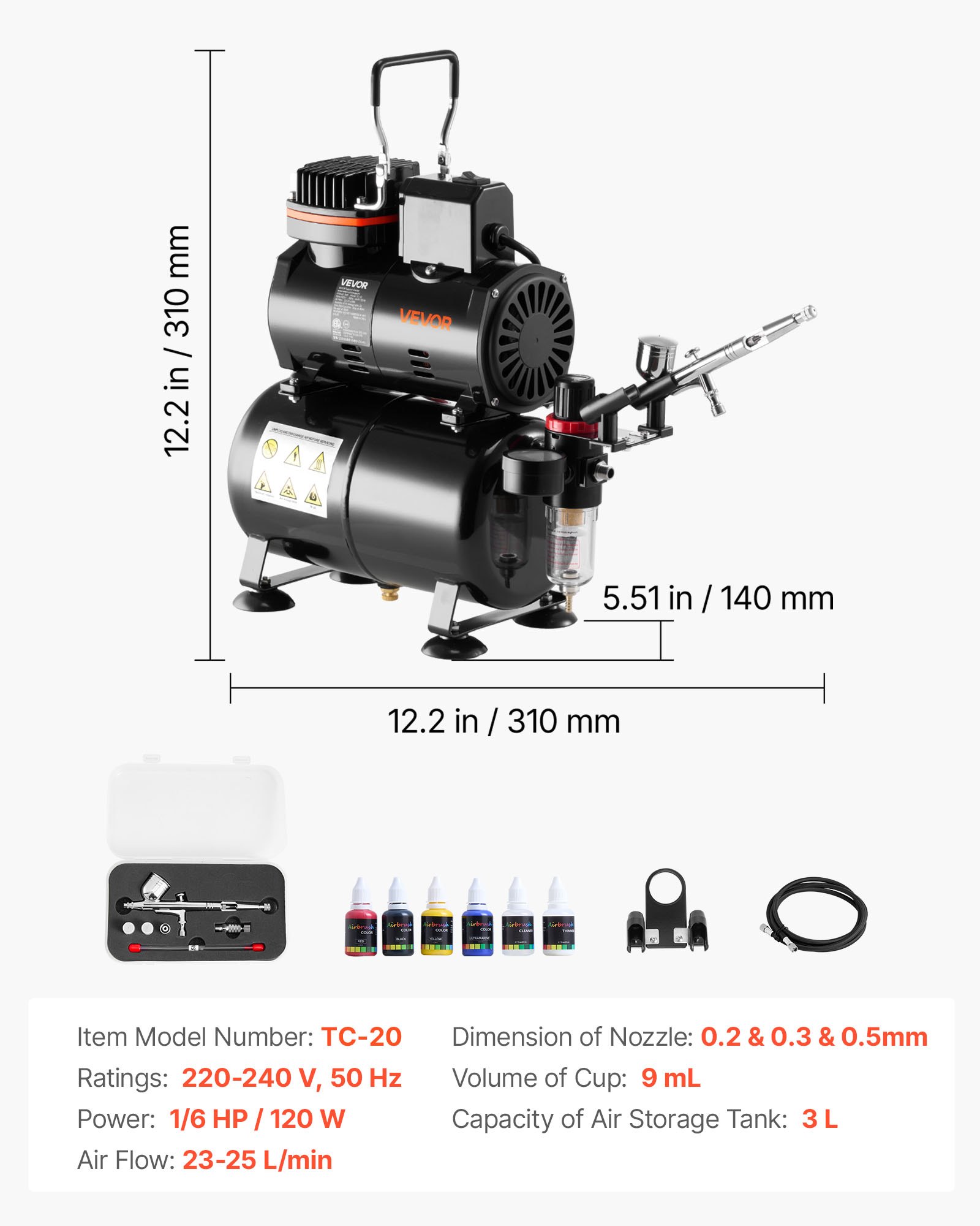 VEVOR Airbrush Kit, 1/6 HP, Air Brush Kit with Air Compressor and Tank, 1 Dual-Action Professional Airbrush with 3 Tips, Acrylic Paint, Low Noise, for Cake Decorating, Model Painting, Nail Art