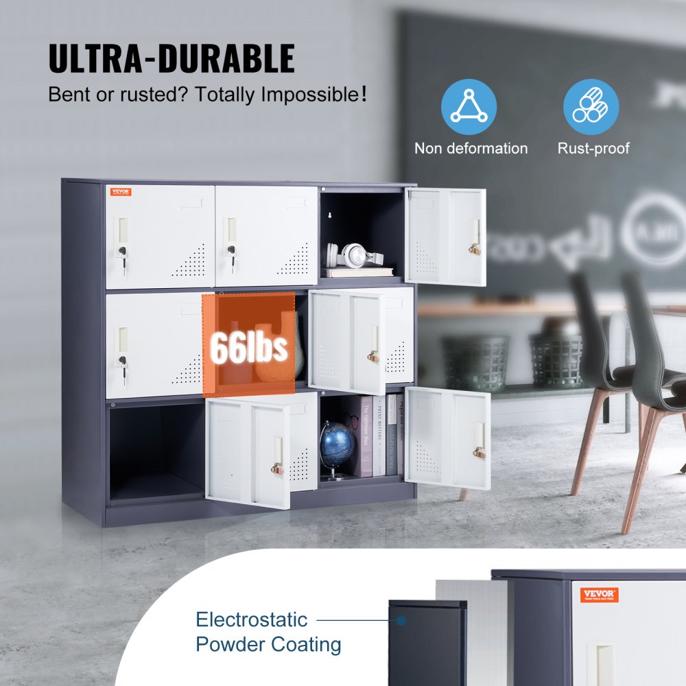 VEVOR Wardrobe Locker, 9-Door Storage Cabinet, Wardrobe with 9 Compartments, Valuables Locker, 30 kg Load Capacity, Office Lockers for Office, Home, School