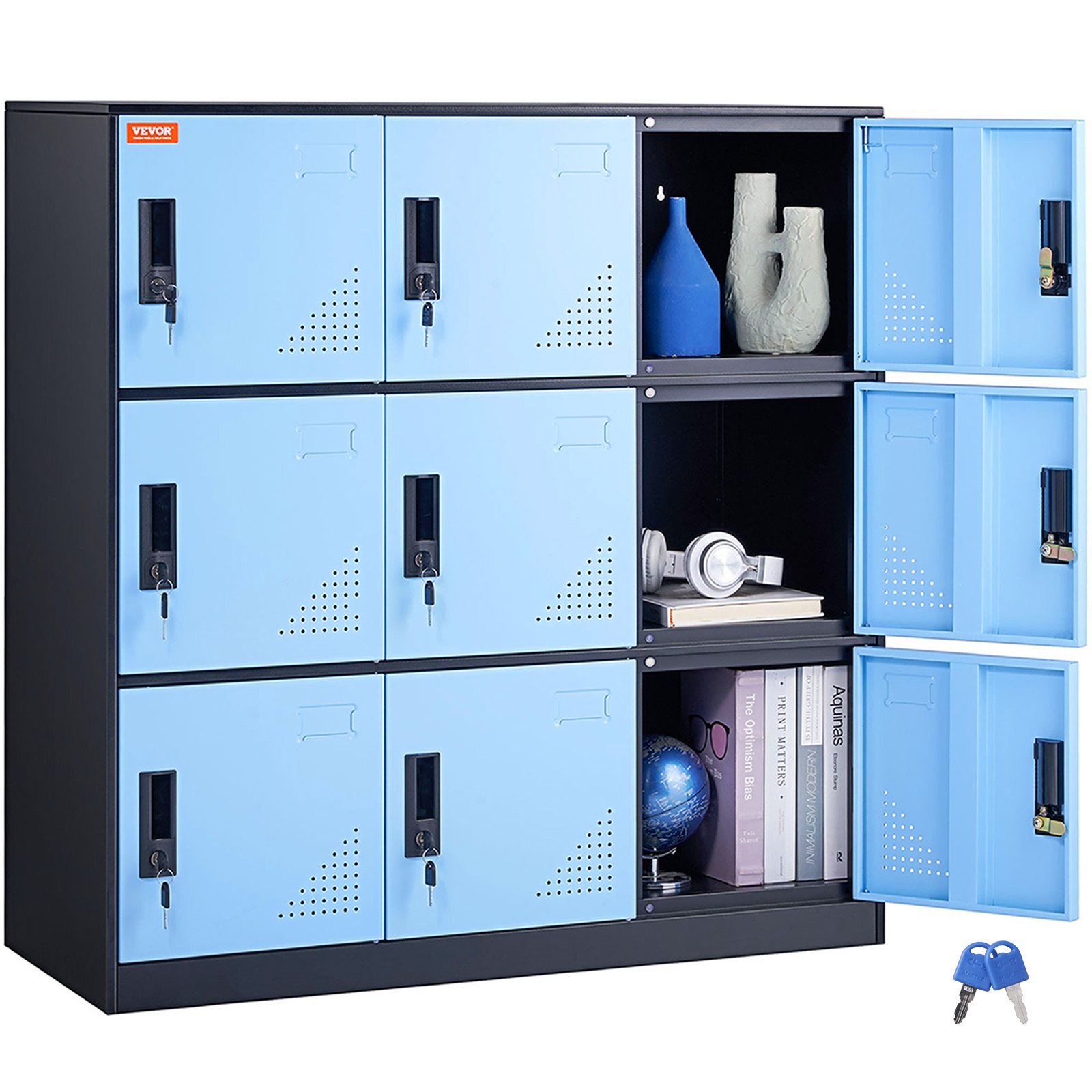 VEVOR Changing Room Locker, 9-Door Storage Cabinet, Wardrobe with 9 Compartments, Valuables Locker, 30 kg Load Capacity, Office Lockers, Black & Blue