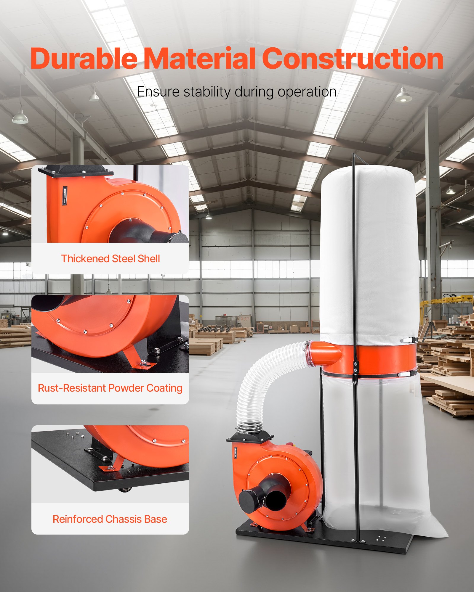 VEVOR Collettore di Polvere a Cono Vortex da 1100 CFM e 2,5 Micron, Sistema di Raccolta Polvere per Lavorazione del Legno da 1,5 CV con Sacco Raccoglitore da 132,5 L Sacco Filtro 159L, 2800 giri/min