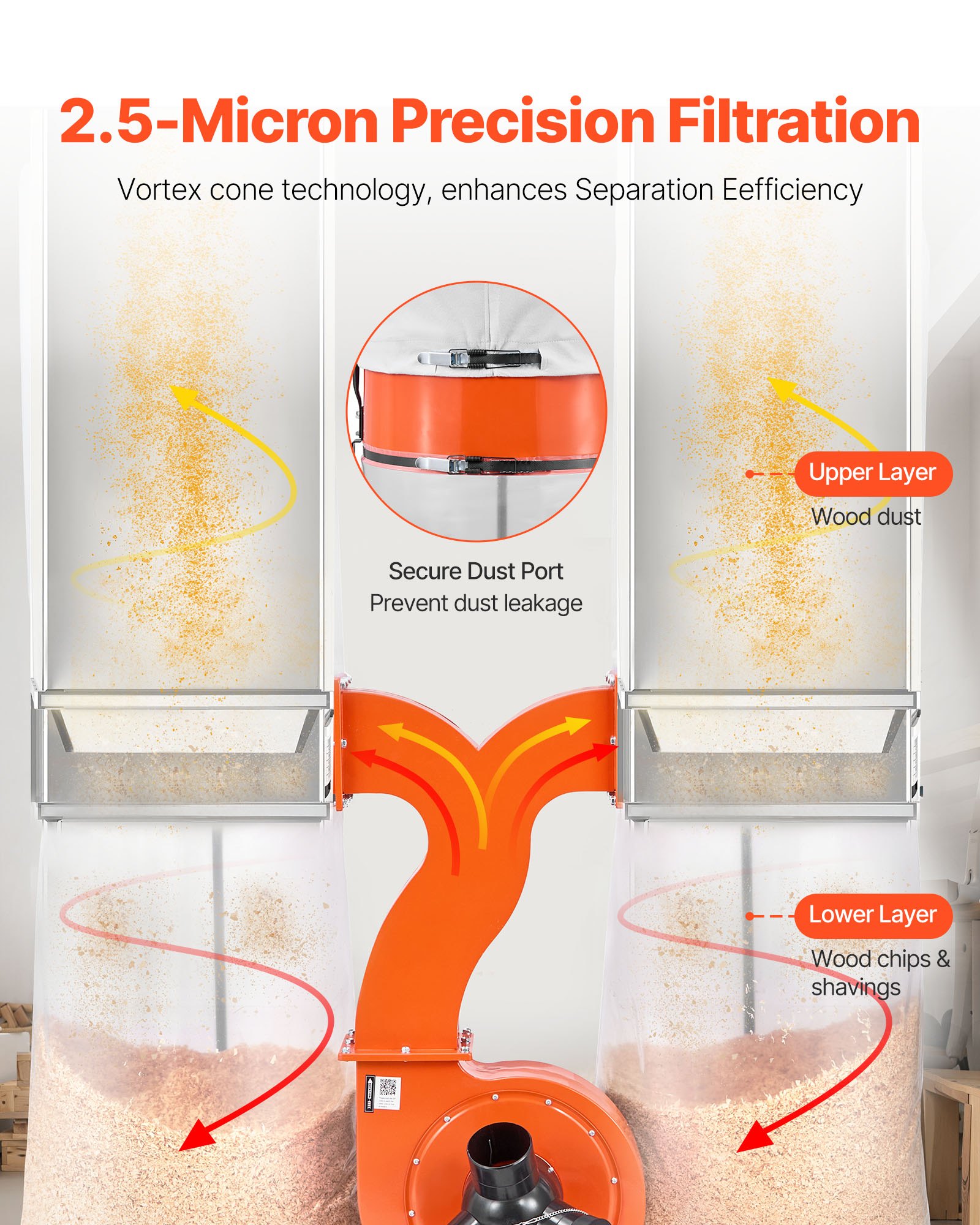 VEVOR Filtro Collettore di Polvere a Cono Vortex da 1550 CFM 2,5 micron, Sistema di Raccolta da 3,0 CV con Due Sacchi Raccoglipolvere Due Sacchi Filtranti, 2800 giri/min, Lavorazione del Legno