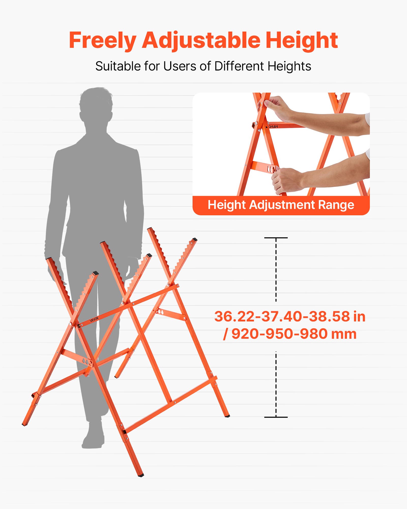 VEVOR Cavalletto per Tagliare Legno Capacità di Carico 117,9 kg, Supporto Taglialegna Pieghevole, Altezza Regolabile, Cavalletto per Lavorazione del Legno, Carpentieri, Falegnami Fai da te