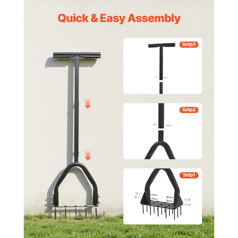 VEVOR Arieggiatore Manuale per Prato da 23,5 cm Aeratore a Spinta da Prato Terreno in Metallo Compatti per Giardino Cortile Campi con Punti in Ferro 15 x 6 cm Arieggiatore Manico Lungo Piastra Larga