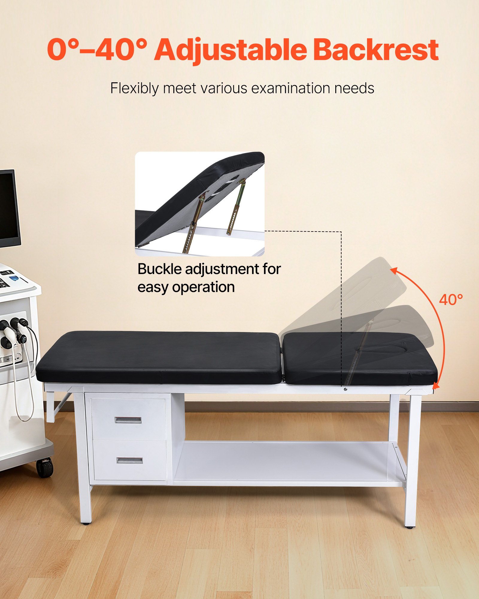 VEVOR Lettino per Massaggi Professionali con Carico di 227 kg e Schienale Regolabile, con 2 Cassetti, Ripiano Portaoggetti e Distributore di Rotoli di Carta per Ospedali e Centri di Riabilitazione