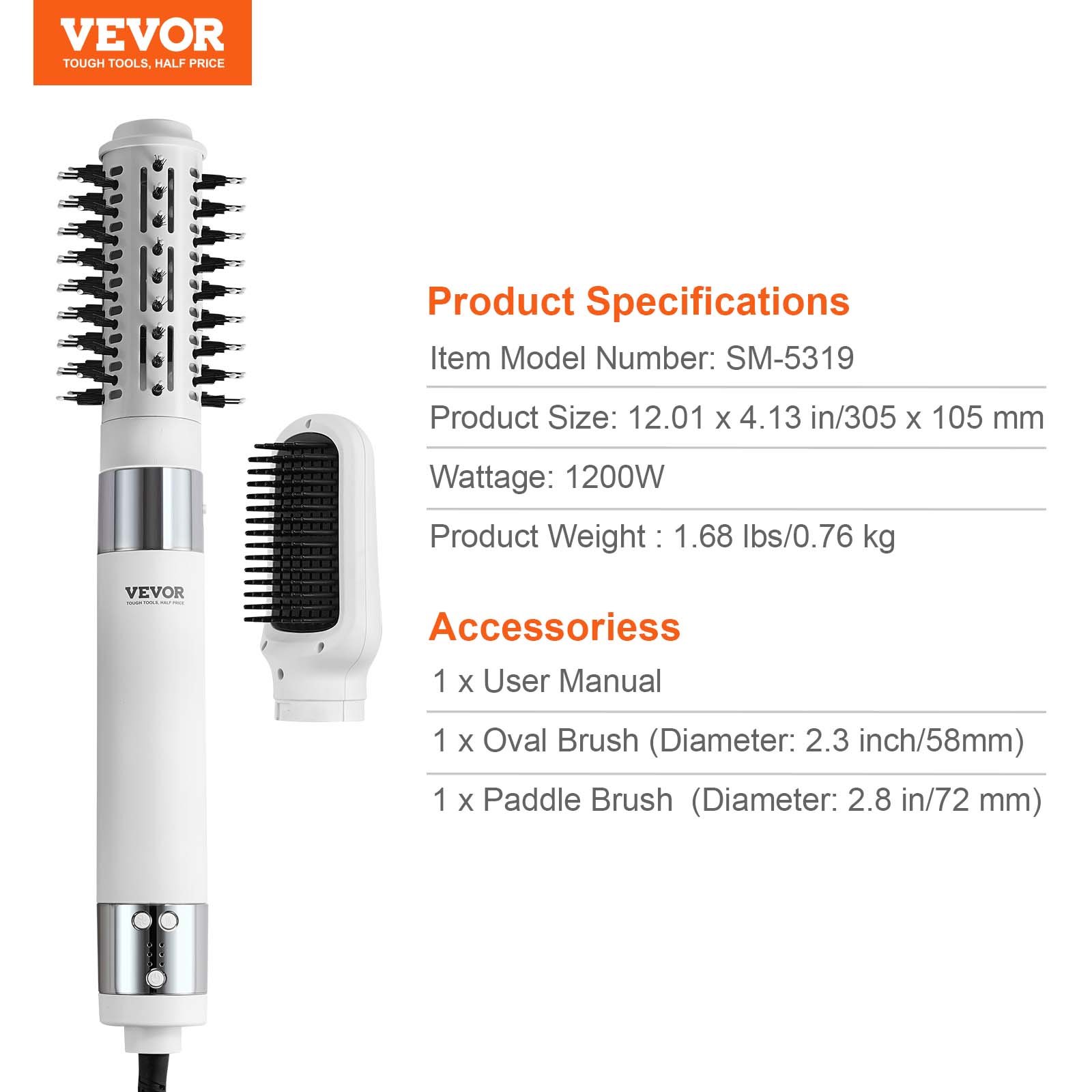 VEVOR Asciugacapelli Styler, Spazzola Ionica, Styler Aria Calda ad Alta Velocità, con Spazzola Ovale Padella, 4 Temperature 3 Velocità, Strumento per Styling per Asciugatura, Volumizzante, Lisciante