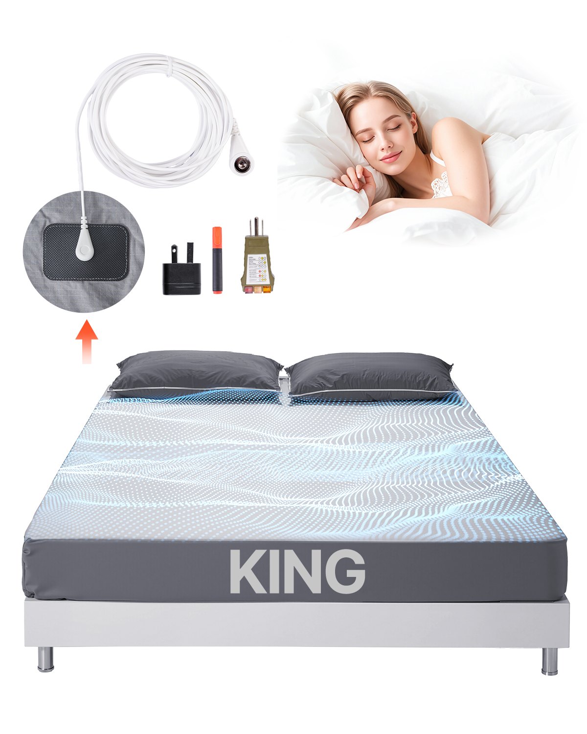 VEVOR Lenzuola di Messa a Terra, Cotone e Fibra d'Argento Puro, Lenzuola con Angoli con Messa a Terra, con Cavo di Messa a Terra e Tester, Grigio, King Size da 1981 x 2030 x 381 mm