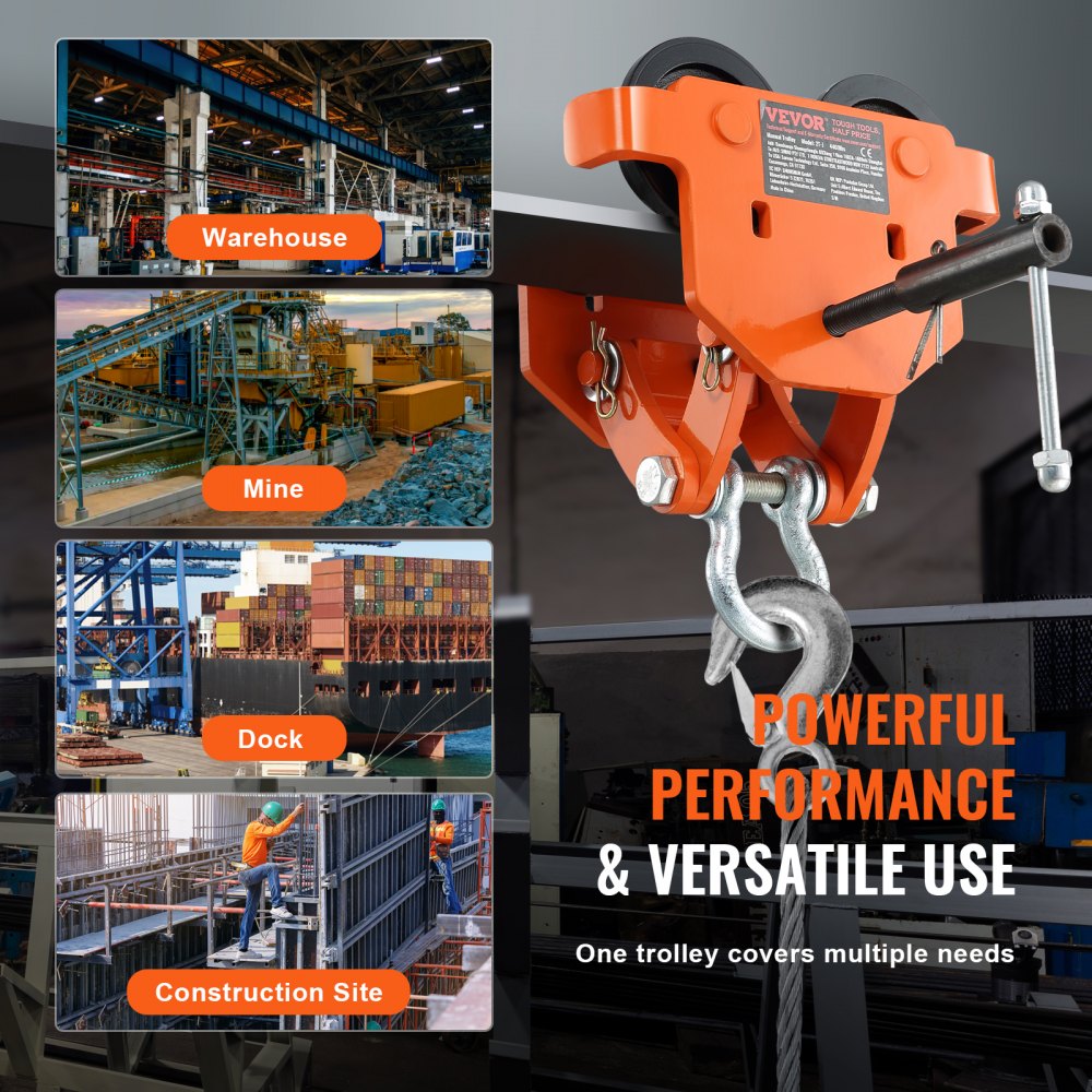 VEVOR Carrello per Paranco Capacità di Carico max. 2T, Carrello per Trave di Spinta Larghezza Regolabile 71-170,2 mm, Carrello per Paranco da Garage Officina in Acciaio Legato con Ruote per Travi a I