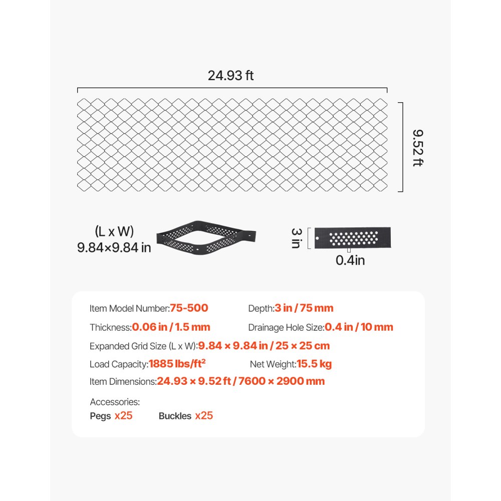VEVOR Griglia di Ghiaia da Giardino Rete di Ghiaia Profondità 75 mm Spessore 1,5 mm 7600 x 2900 mm, Contenimento del Terreno Erboso, Griglia per Erbe Stabilizzazione, Giardino, Parco