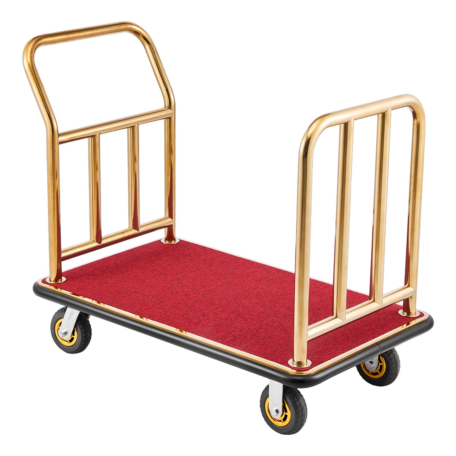 VEVOR Carrello Portabagagli per Hotel, Portata Max 340 kg, Carrello Bagagli Hotel con Telaio in Acciaio Inox, Ruote in Gomma da 152 mm, Pianale Rivestito in Moquette Rossa, per Alberghi e Resort, Oro