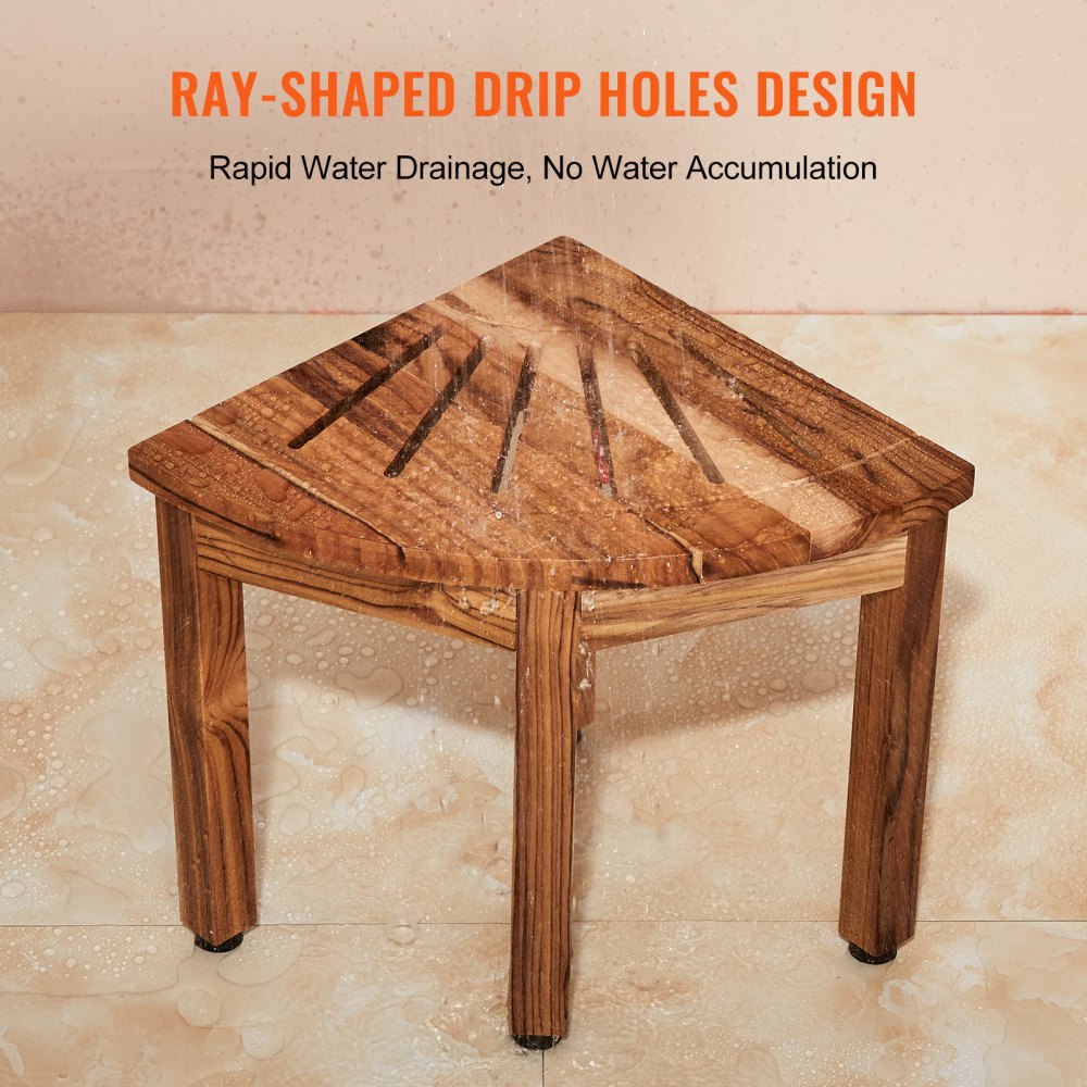 VEVOR Panca Doccia Angolare in Teak, Altezza 316mm Raggio 292mm, Doccia da Spiaggia Angolare di Teak, Resistente alla Muffa, 136kg con Ripiano, Sgabello da Doccia per Doccia Interna ed Esterna