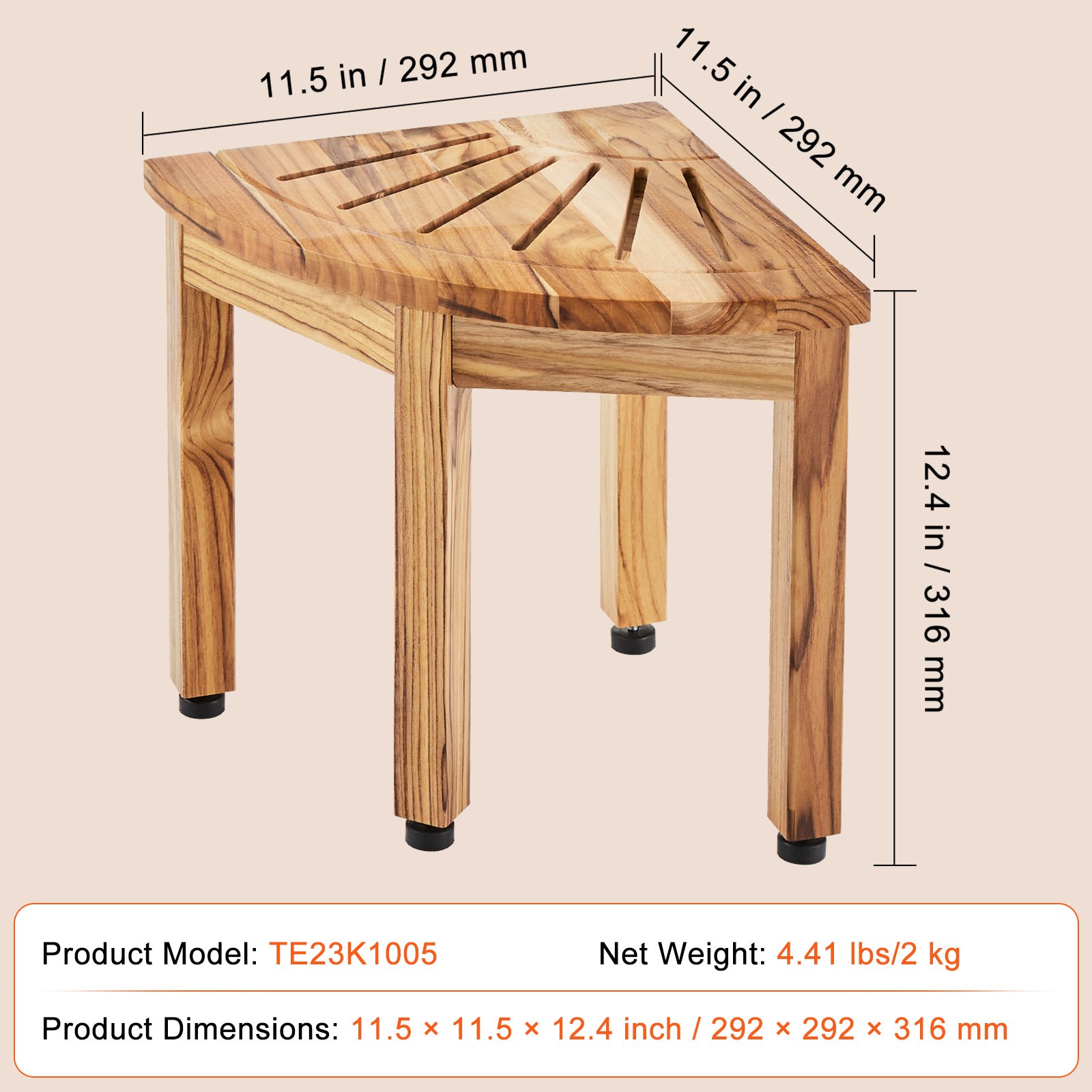 VEVOR Panca Doccia Angolare in Teak, Altezza 316mm Raggio 292mm, Doccia da Spiaggia Angolare di Teak, Resistente alla Muffa, 136kg con Ripiano, Sgabello da Doccia per Doccia Interna ed Esterna