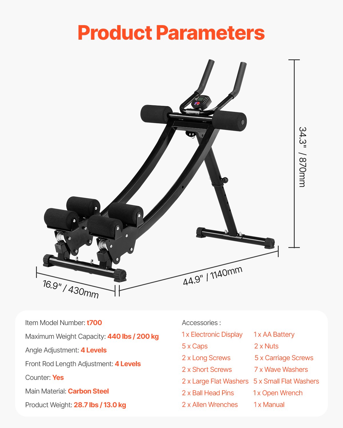 VEVOR AB Workout Machine, Attrezzatura per Core Allenamento Addominale a Doppio Binario , Capacità 200 kg, Allenamento Forza Ab Cruncher, Attrezzo Pieghevole Regolabile per Palestra Esercizi Fitness
