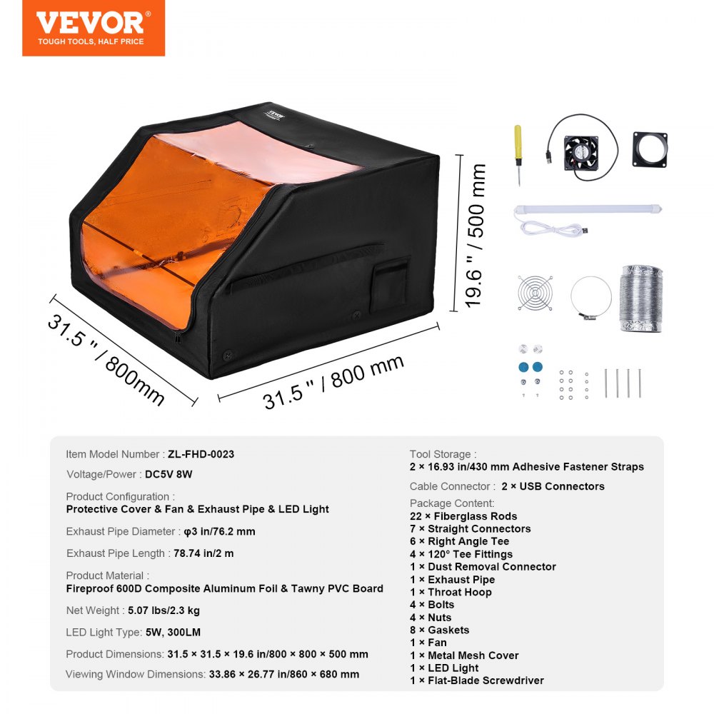 VEVOR Laser Engraver Enclosure, 800 x 800 x 500 mm, Fireproof Protective Case, with Exhaust Fan & Pipe, Insulates Smoke, Noise & Protects Eyes, Laser Enclosure Fits Most Laser Engravers