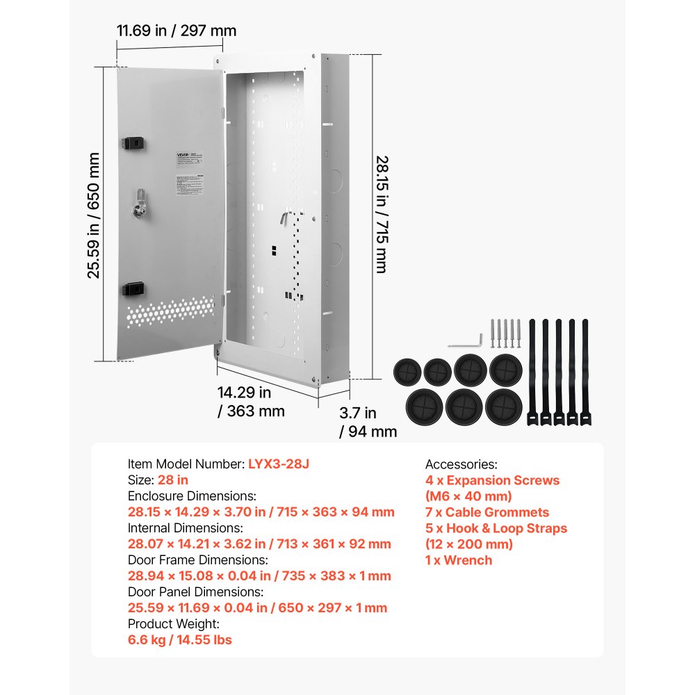 VEVOR Scatola Gestione Cablaggio Strutturato da Parete Pannello 650x297 mm Contenitore Cavi Elettrici Multimediale, Acciaio Laminato a Freddo, da Incasso, Coperchio Incernierato, Sportello Ventilato
