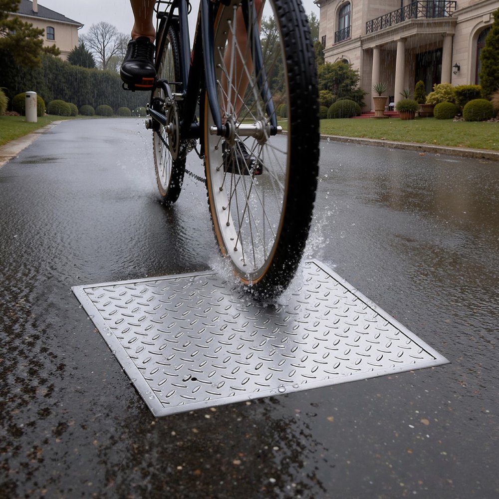 VEVOR Chiusino Pedonabile con Telaio Quadrato 600 x 600 mm con Base, Chiusino Carrabile con Telaio per Canale di Drenaggio in Acciaio al Carbonio Antiscivolo Copertura di Accesso per Ispezione