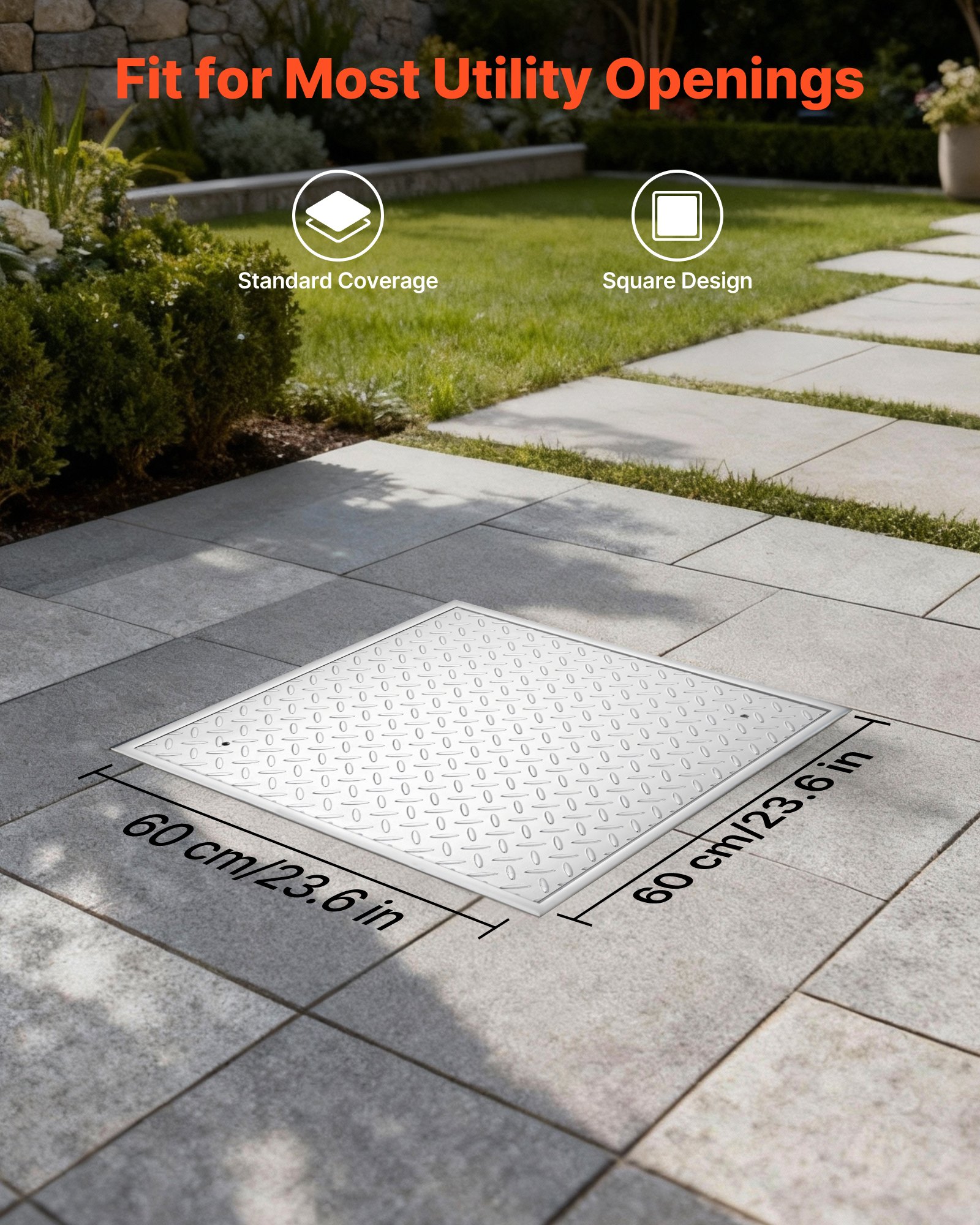 VEVOR Chiusino Pedonabile con Telaio Quadrato 600 x 600 mm con Base, Chiusino Carrabile con Telaio per Canale di Drenaggio in Acciaio al Carbonio Antiscivolo Copertura di Accesso per Ispezione