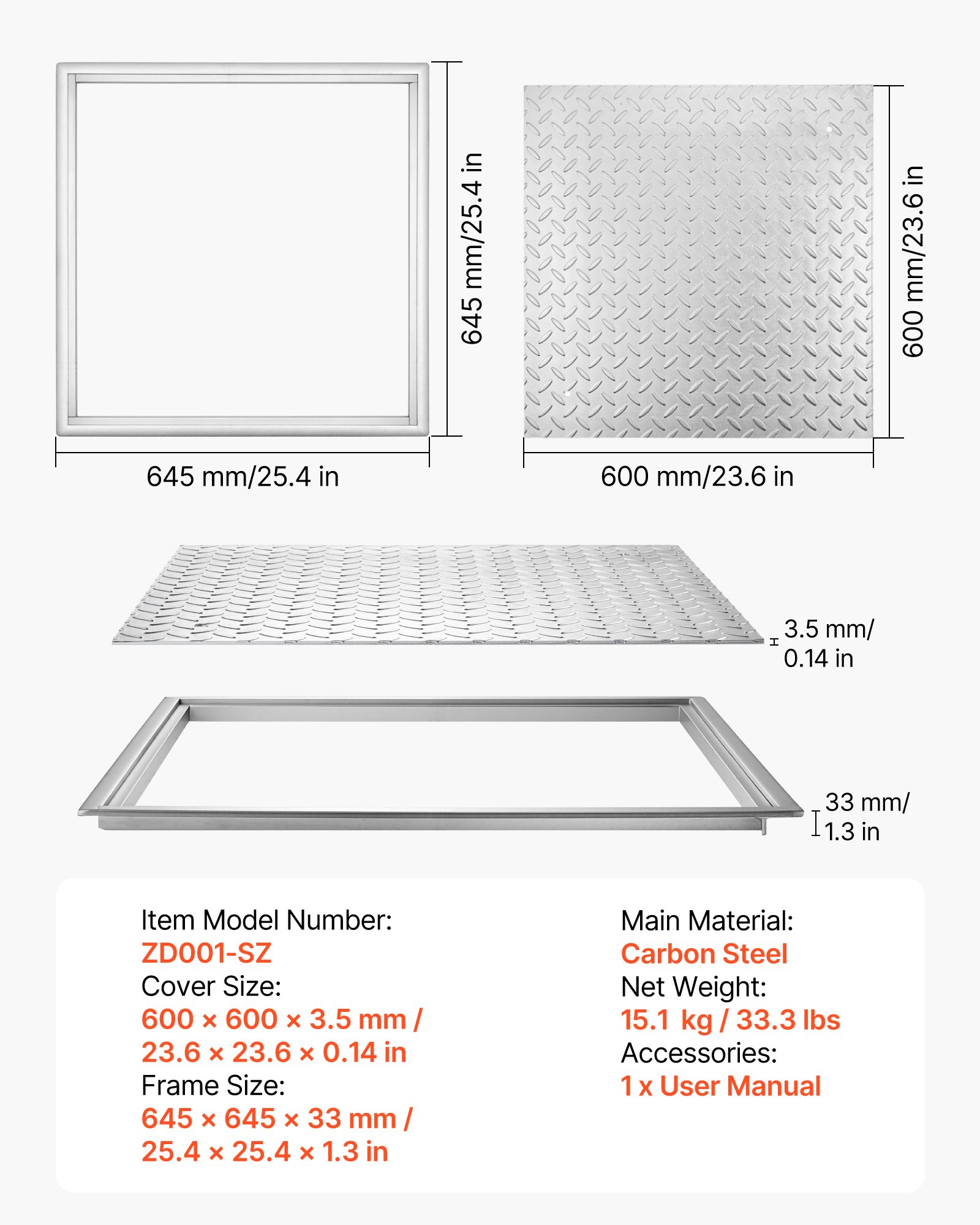 VEVOR Chiusino Pedonabile con Telaio Quadrato 600 x 600 mm con Base, Chiusino Carrabile con Telaio per Canale di Drenaggio in Acciaio al Carbonio Antiscivolo Copertura di Accesso per Ispezione
