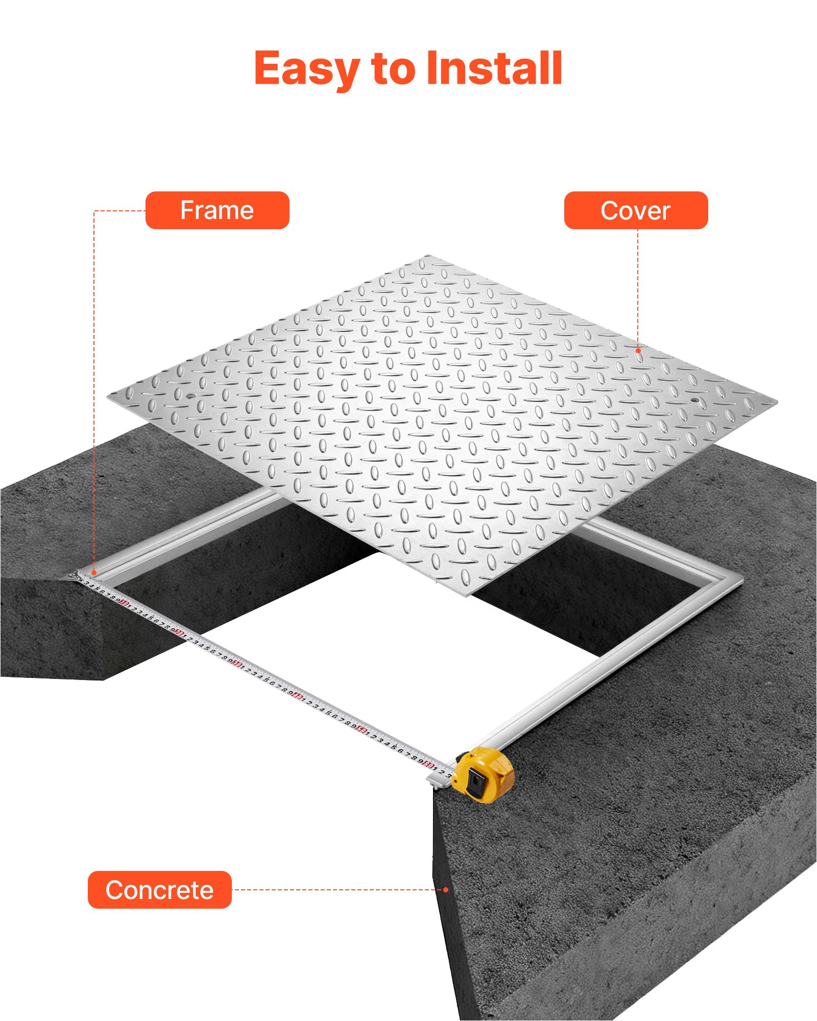 VEVOR Chiusino Pedonabile con Telaio Quadrato 600 x 600 mm con Base, Chiusino Carrabile con Telaio per Canale di Drenaggio in Acciaio al Carbonio Antiscivolo Copertura di Accesso per Ispezione