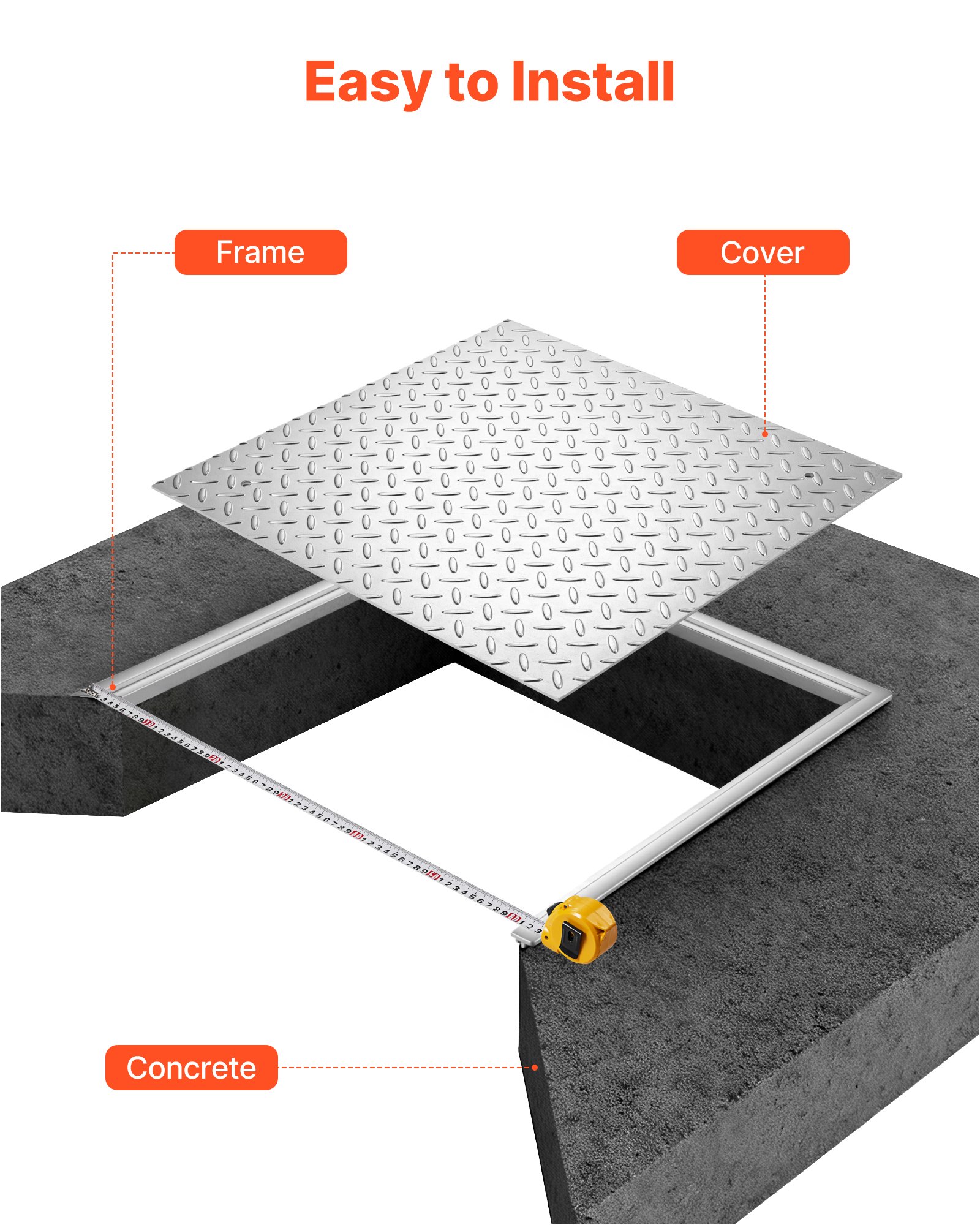 VEVOR Chiusino Pedonabile con Telaio Quadrato 500 x 500 mm con Base, Chiusino Carrabile con Telaio per Canale di Drenaggio in Acciaio al Carbonio Antiscivolo Copertura di Accesso per Ispezione