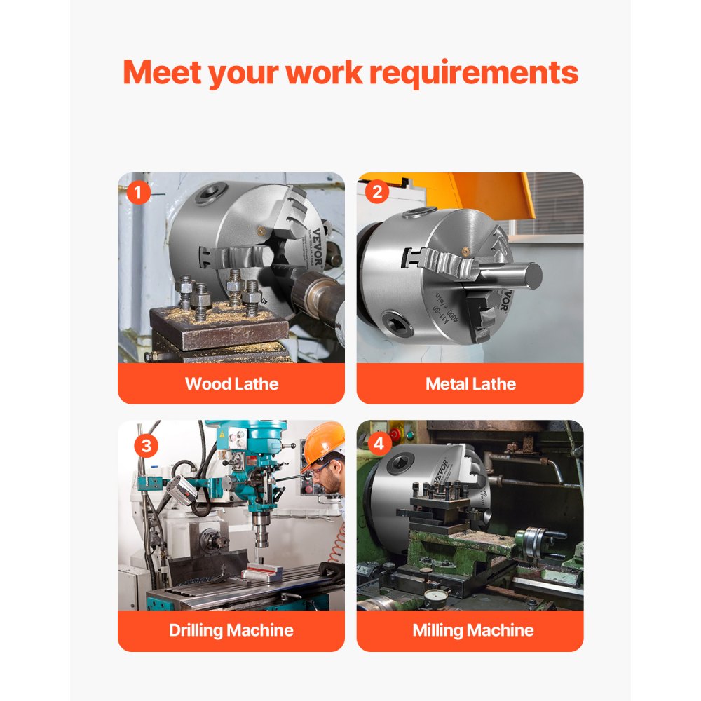 VEVOR 3-jaw chuck, φ160 mm, self-centering chuck with 38.1 mm 8-threaded carrier plate, 3-145 mm clamping range with T-bolts, HT300 material, for wood/metal lathes