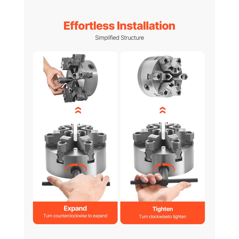 VEVOR 6-jaw chuck, 160 mm, self-centering chuck with D1-4 cam lock carrier plate, 3-145 mm clamping range with T-bolts, HT300 material, for wood and metal lathes