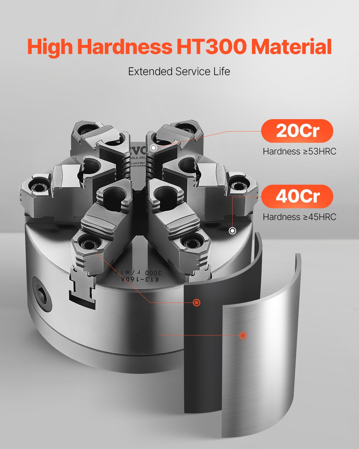 VEVOR 6-jaw chuck, 160 mm, self-centering chuck with D1-4 cam lock carrier plate, 3-145 mm clamping range with T-bolts, HT300 material, for wood and metal lathes