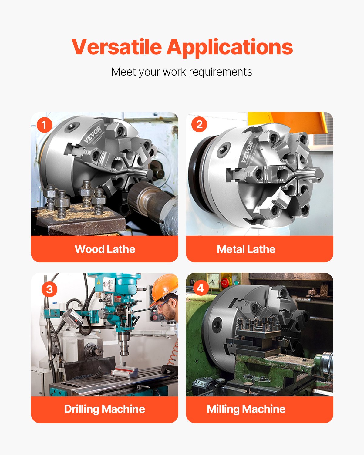 VEVOR 6-jaw chuck, 160 mm, self-centering chuck with D1-4 cam lock carrier plate, 3-145 mm clamping range with T-bolts, HT300 material, for wood and metal lathes