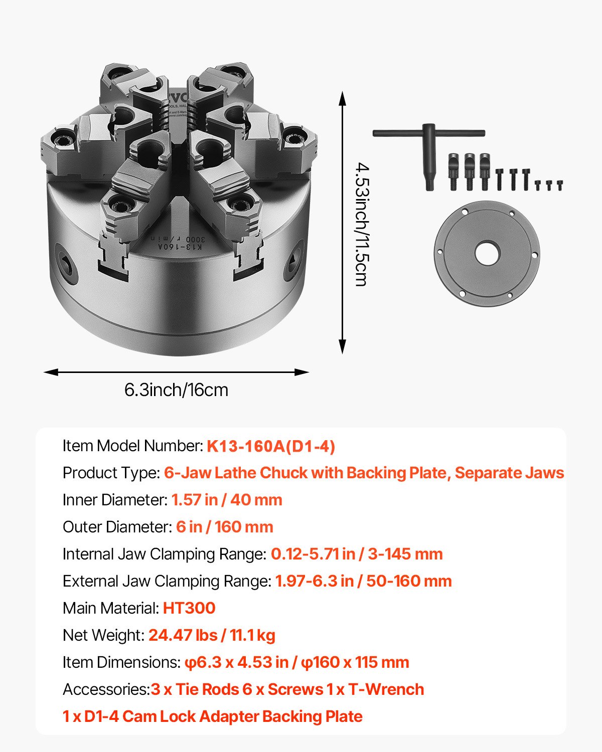 VEVOR 6-jaw chuck, 160 mm, self-centering chuck with D1-4 cam lock carrier plate, 3-145 mm clamping range with T-bolts, HT300 material, for wood and metal lathes