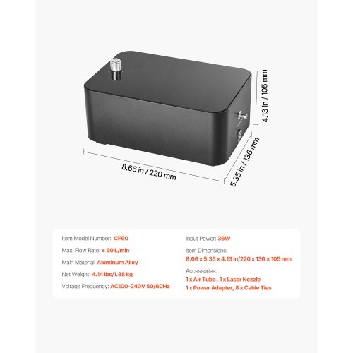 Pompa Aria Compressa Per Incisore Laser, Flusso Regolabile 0-55 L/min, 25W, 220V, Riduce Fumo E Protegge La Testa Laser