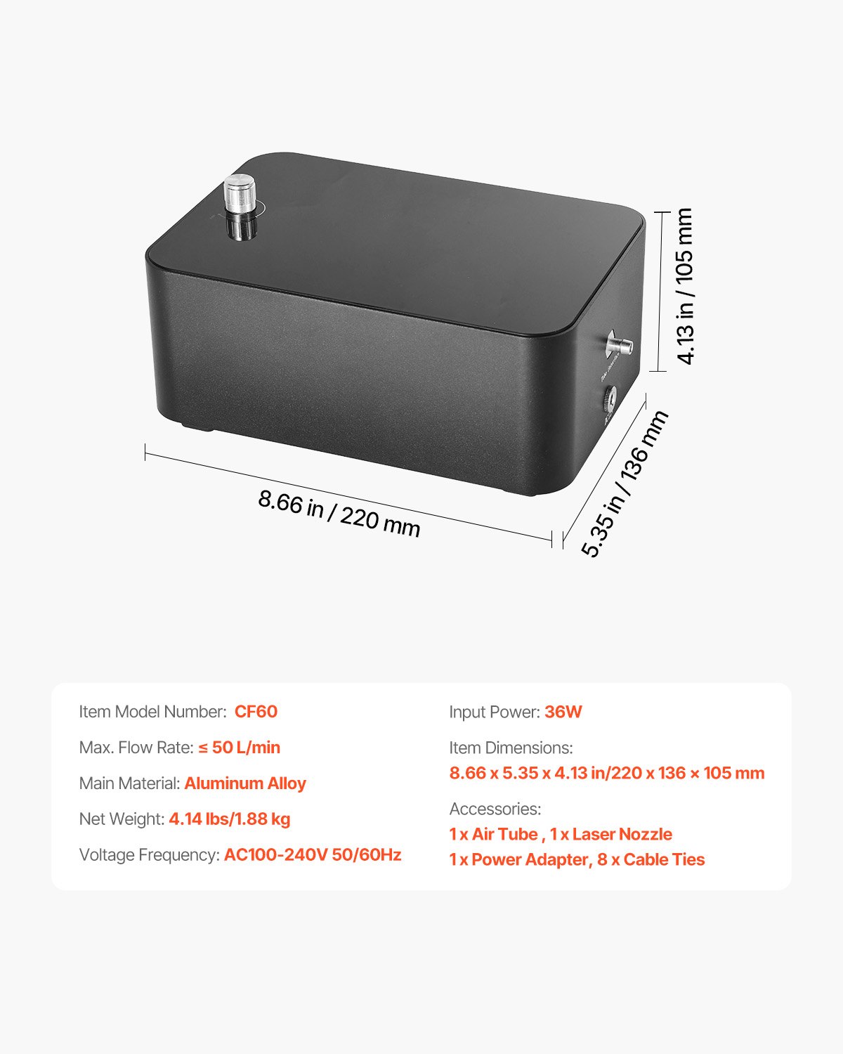 VEVOR Pompa di Assistenza ad Aria, Flusso d'Aria Regolabile 50 L/min per Laser Cutter e Incisore, Elimina Fumo Polvere, Riduce Temperatura, Protegge Lente Laser, per Incisore Laser ≥ 20 W 1,88 kg