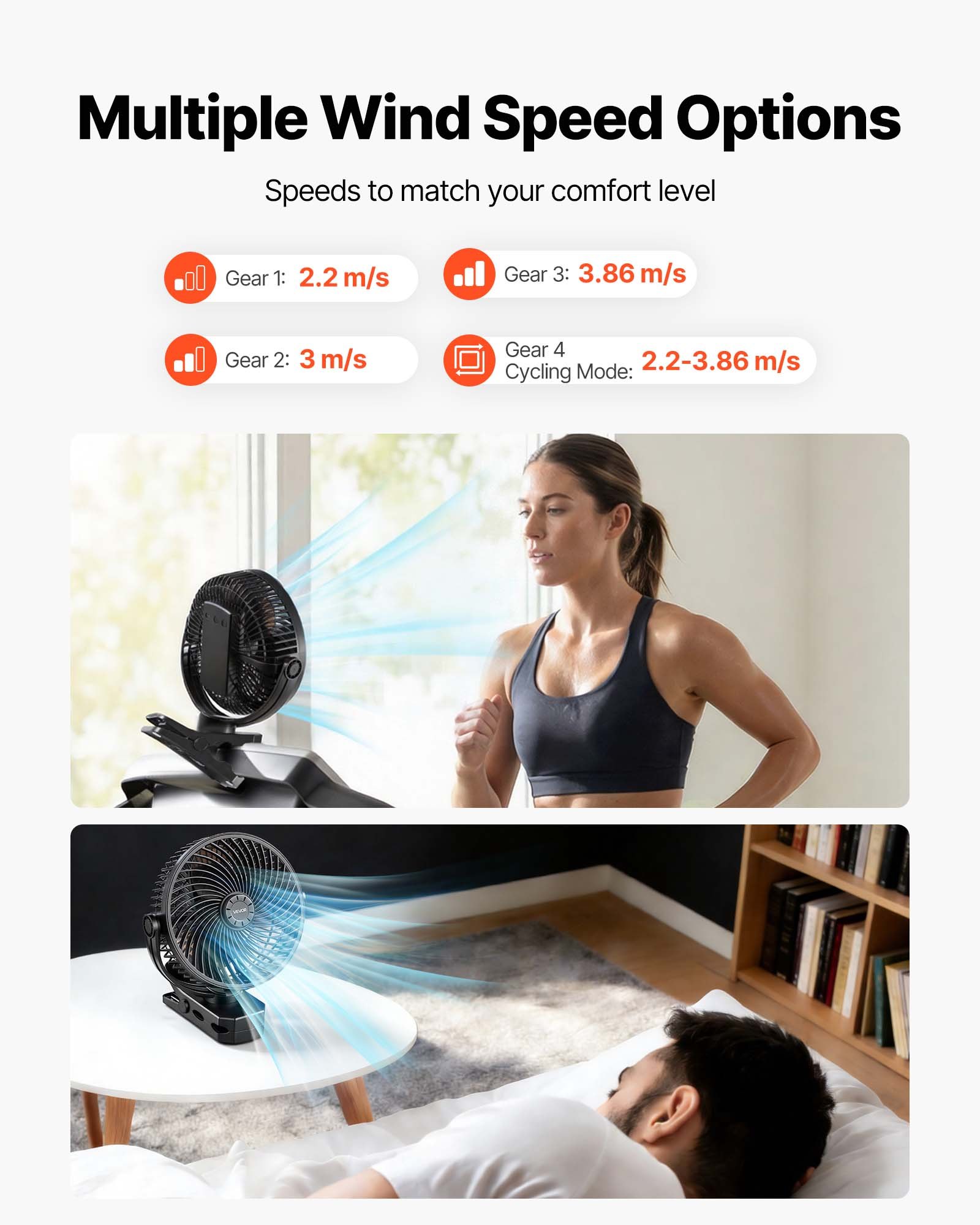VEVOR Ventilatore Portatile a Clip, Ventilatore da Tavolo con Clip, Ricaricabile con Porta USB, 3 Velocità e Modalità di Circolazione, Flusso d'Aria Potente, Morsetto Robusto, per Campeggio, Nero