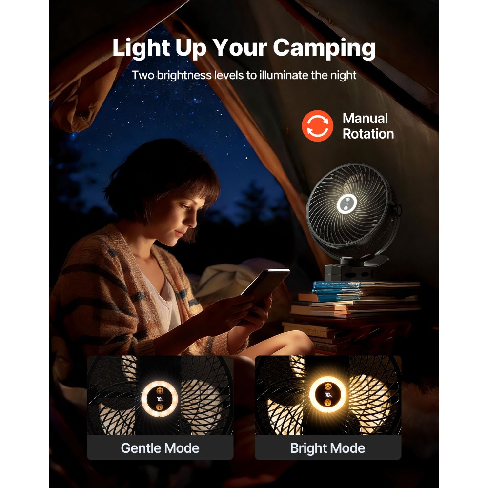 VEVOR Ventilatore Portatile a Clip, Ventilatore da Tavolo con Clip, Ricaricabile con Porta USB e Luce, 3 Velocità e Modalità di Circolazione, Flusso d'Aria Potente, Morsetto Robusto, per Campeggio