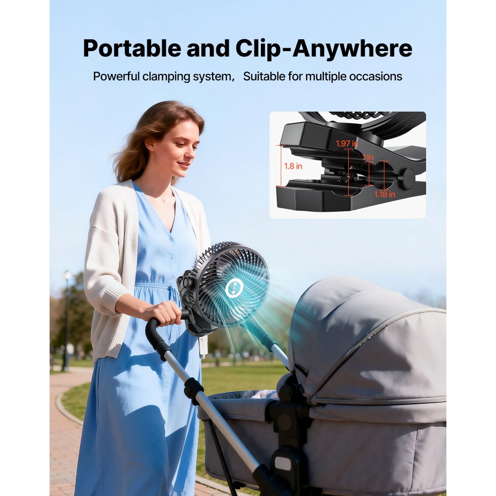 VEVOR Ventilatore Portatile a Clip, Ventilatore da Tavolo con Clip, Ricaricabile con Porta USB e Luce, 3 Velocità e Modalità di Circolazione, Flusso d'Aria Potente, Morsetto Robusto, per Campeggio