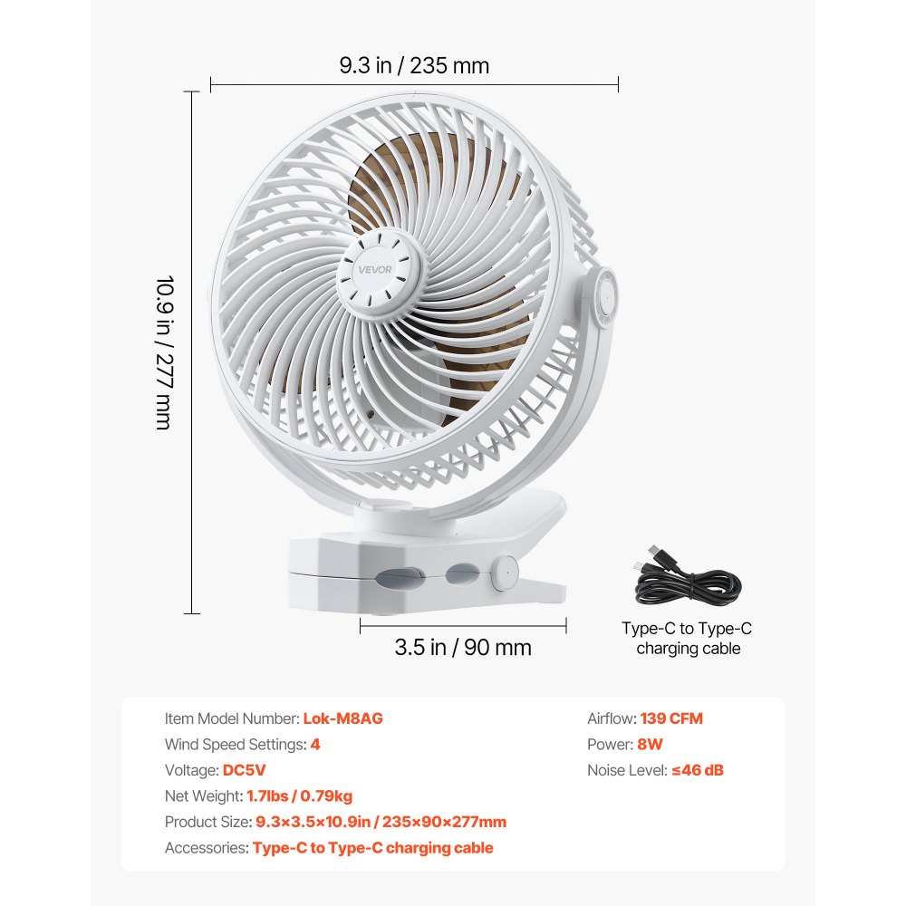VEVOR Ventilatore Portatile a Clip, Ventilatore da Tavolo con Clip, Ricaricabile con Porta USB, 3 Velocità e Modalità di Circolazione, Flusso d'Aria Potente, Morsetto Robusto, per Scrivania Campeggio