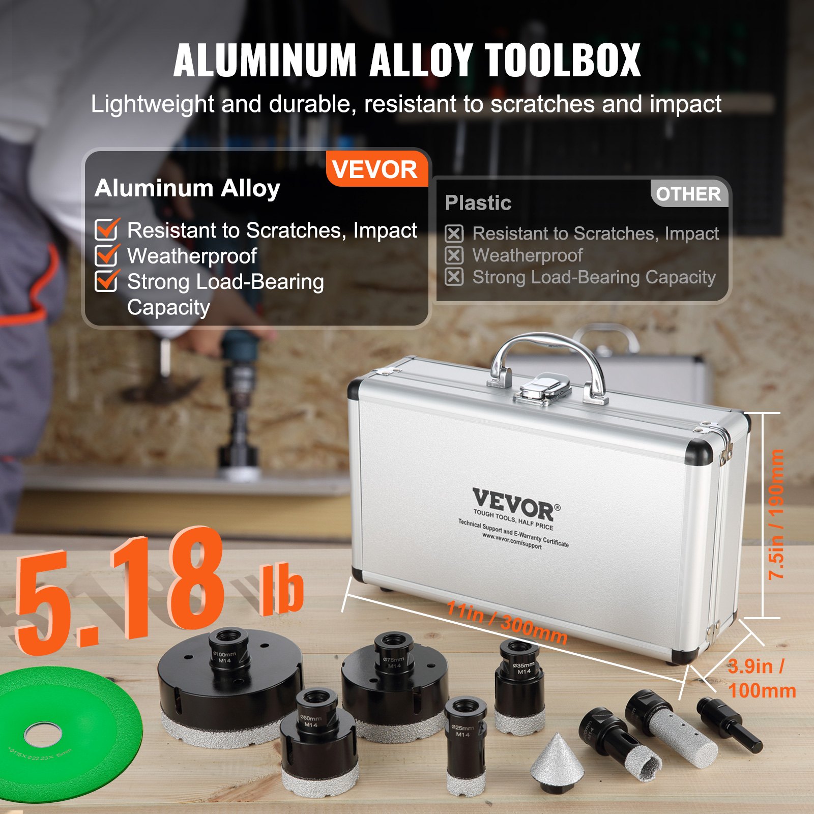 VEVOR Set di Punte diamantate per Carotatore 6 Pezzi 20/25/35/50/75/100mm Set di Seghe a Tazza diamantate con Fresa a Punta Lama conica e Custodia per Punte diamantate a Secco e a Umido