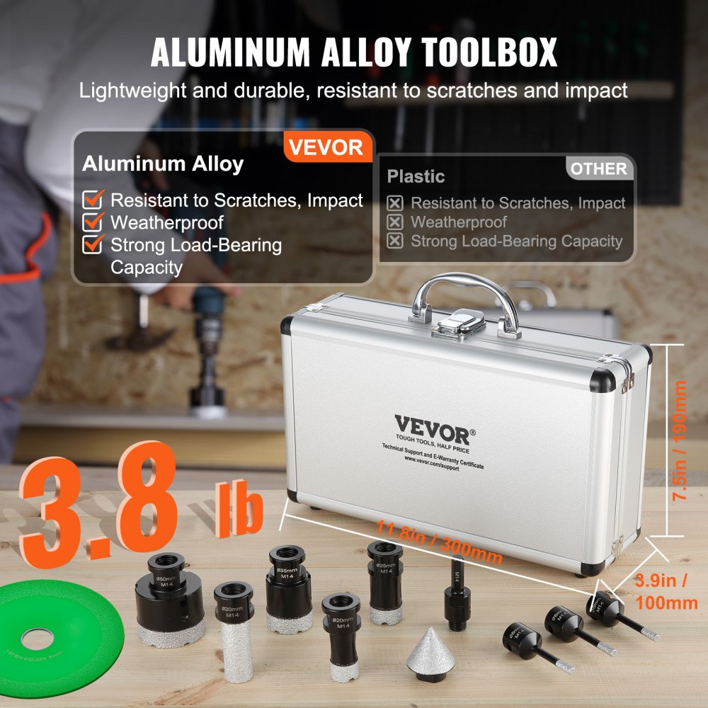 VEVOR Diamond Core Drill Bit Set, 7-piece, 6/6/6/20/25/35/50 mm Diamond Hole Saw Set, with Finger Cutter Conical Drill Bit Saw Blade and Storage Case for Dry and Wet Diamond Drill Bits for Tiles and