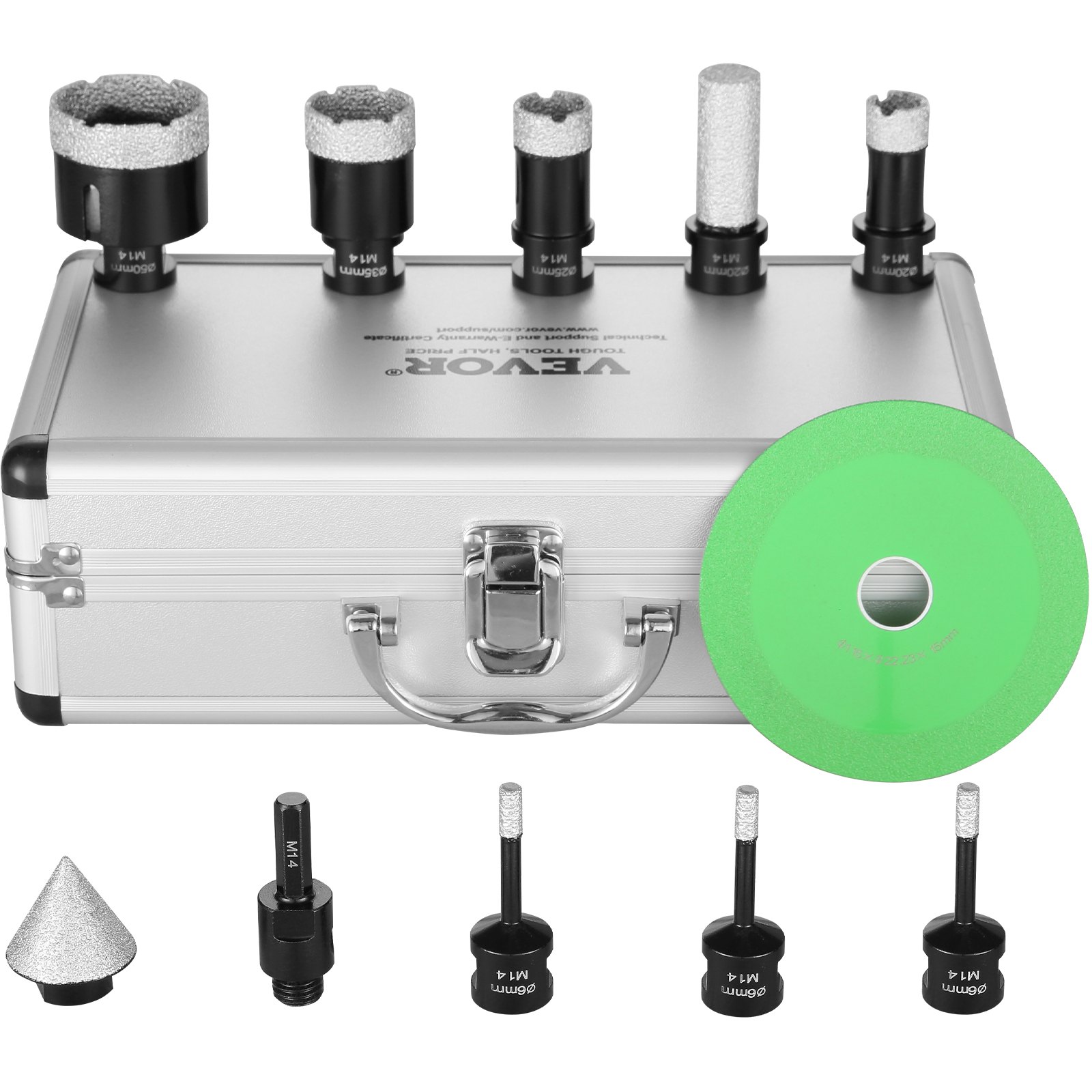 VEVOR Set di Punte diamantate per Carotatore, 7 Pezzi 6/6/6/20/25/35/50mm Kit a Tazza diamantata, con Punta per Fresatura a Dito Lama a Punta Conica e Custodia per Secco e Bagnato, Punte diamantate