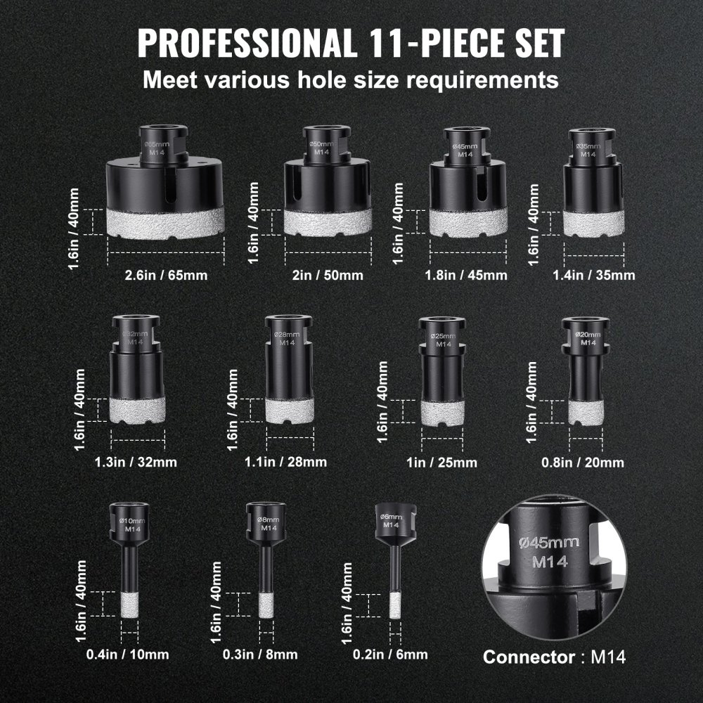 VEVOR Set di punte diamantate per carotaggio 11 pezzi 6/8/10/20/25/28/32/35/45/50/65mm Set di seghe a tazza diamantate con connettore M14 e custodia per trapano diamantato a secco e a umido