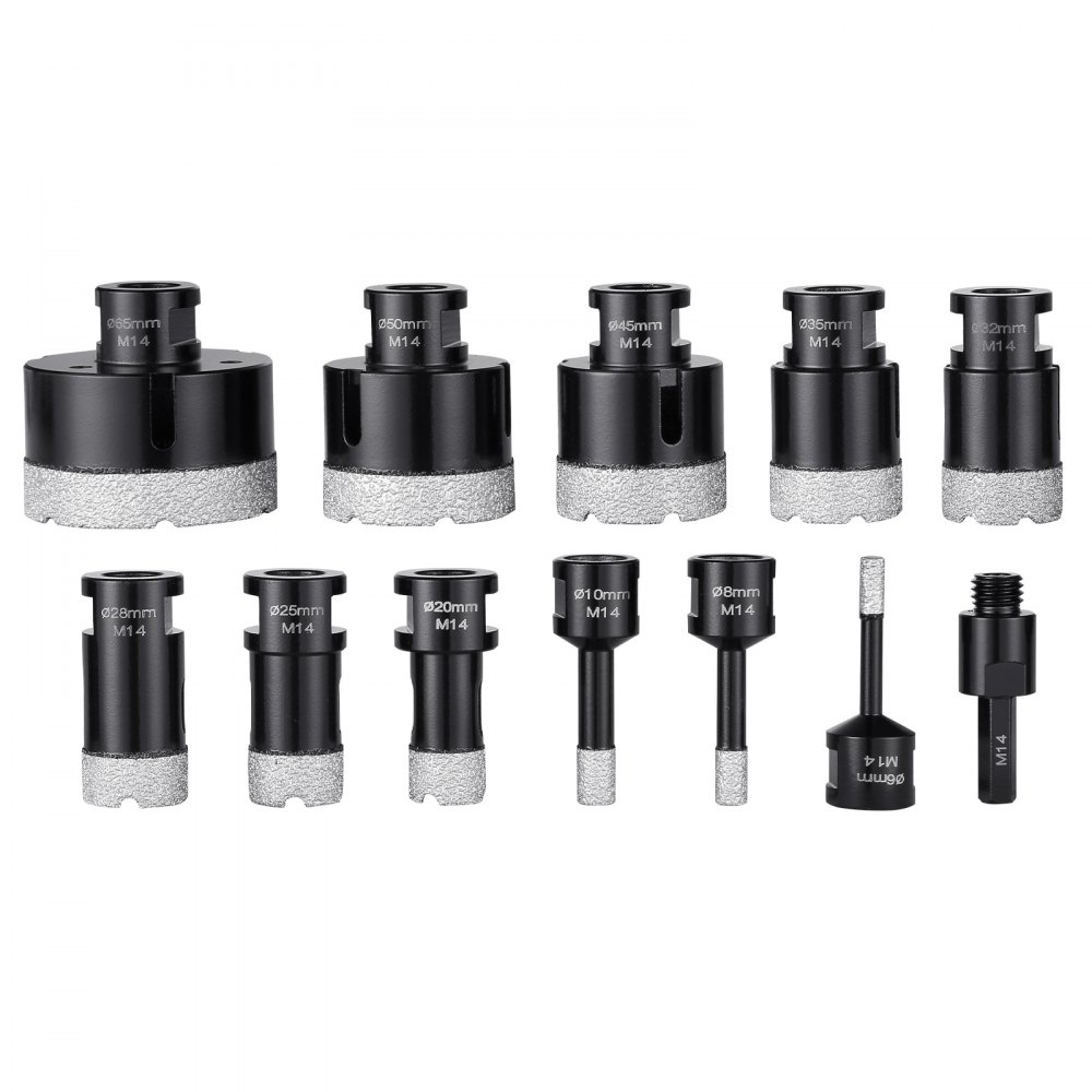 VEVOR Set di punte diamantate per carotaggio 11 pezzi 6/8/10/20/25/28/32/35/45/50/65mm Set di seghe a tazza diamantate con connettore M14 e custodia per trapano diamantato a secco e a umido