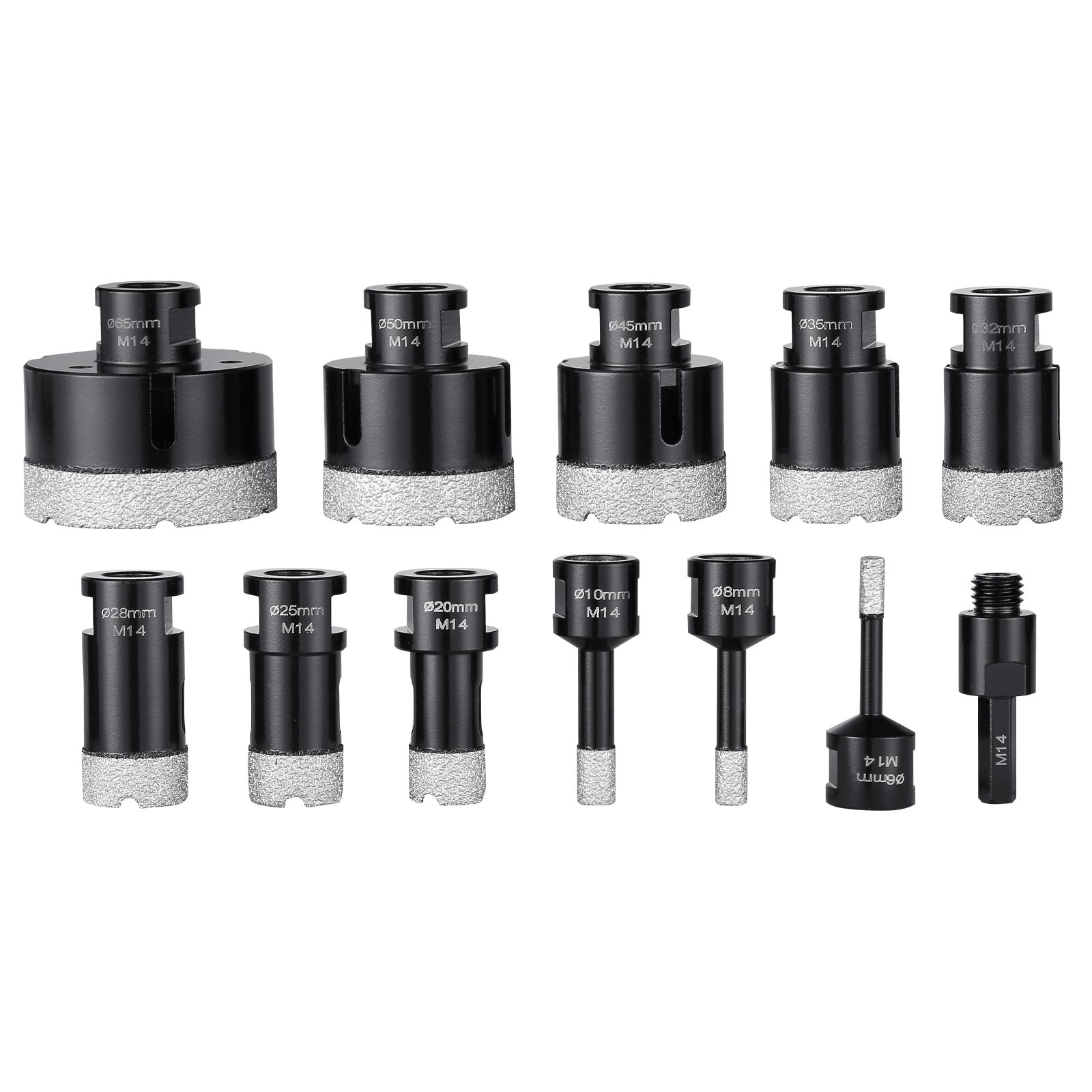 VEVOR Set di punte diamantate per carotaggio 11 pezzi 6/8/10/20/25/28/32/35/45/50/65mm Set di seghe a tazza diamantate con connettore M14 e custodia per trapano diamantato a secco e a umido