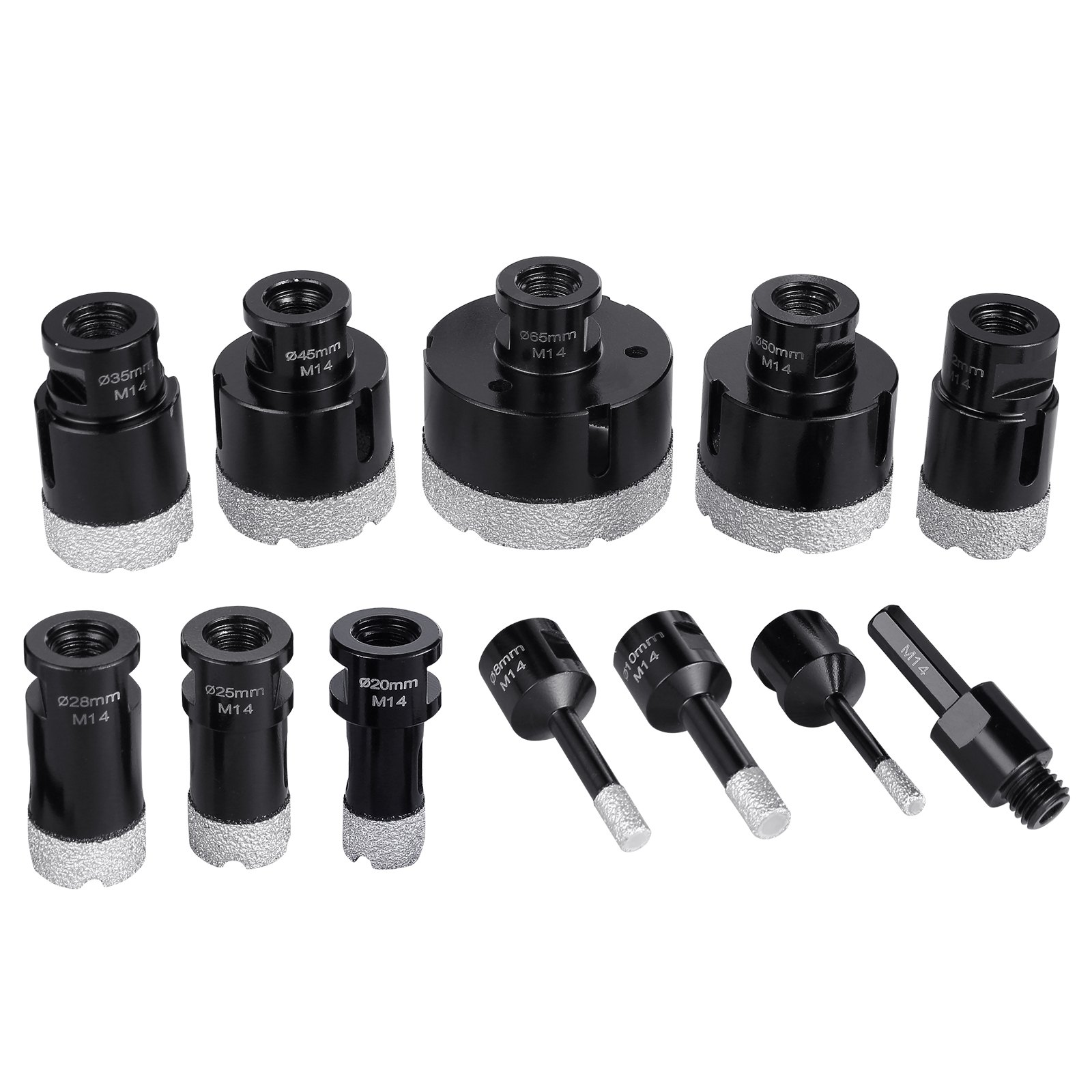 VEVOR Set di punte diamantate per carotaggio 11 pezzi 6/8/10/20/25/28/32/35/45/50/65mm Set di seghe a tazza diamantate con connettore M14 e custodia per trapano diamantato a secco e a umido