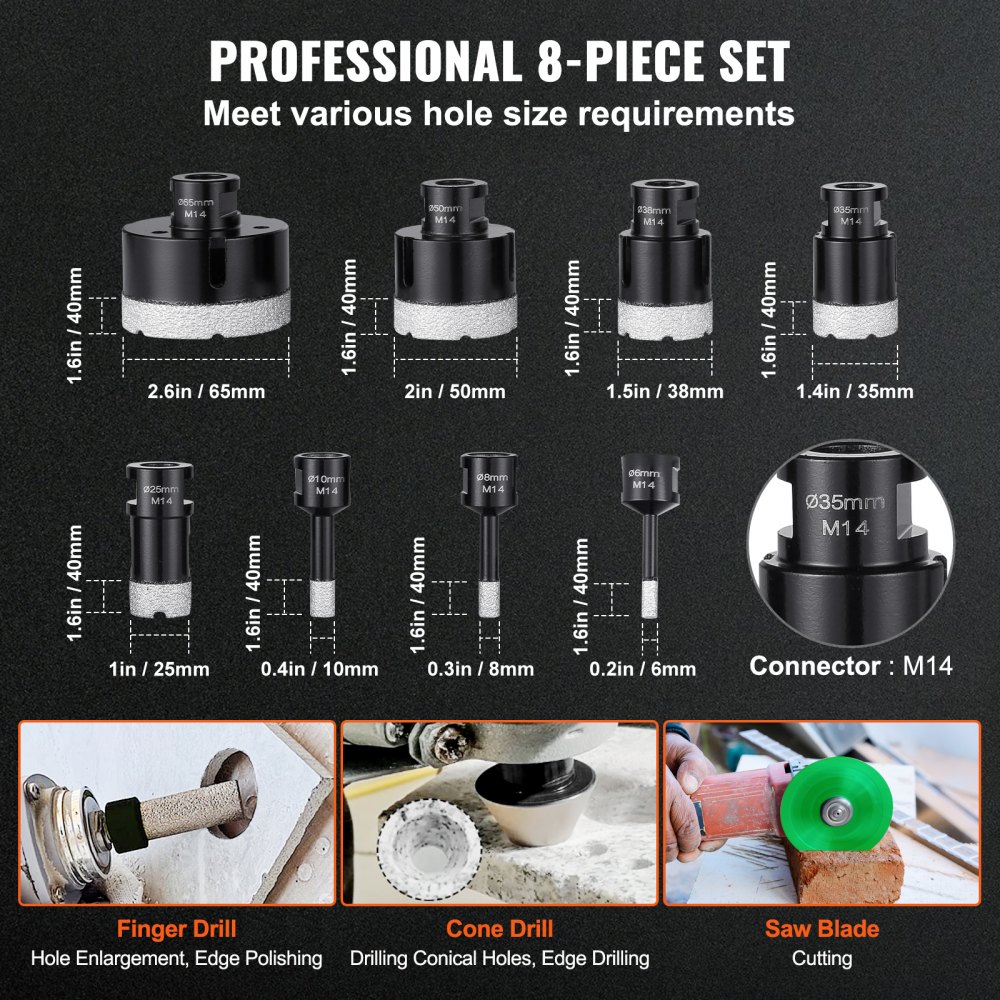 VEVOR Set di punte diamantate per carotaggio 8 pezzi 6/8/10/25/35/38/50/65mm Set di seghe a tazza diamantate con fresa, punta conica, lama custodia per punte diamantate a secco e ad umido